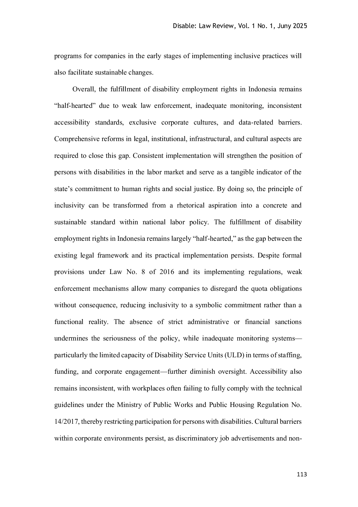 JURIS Challenging the Half Hearted Fulfillment of the Rights of Workers with Disabilities