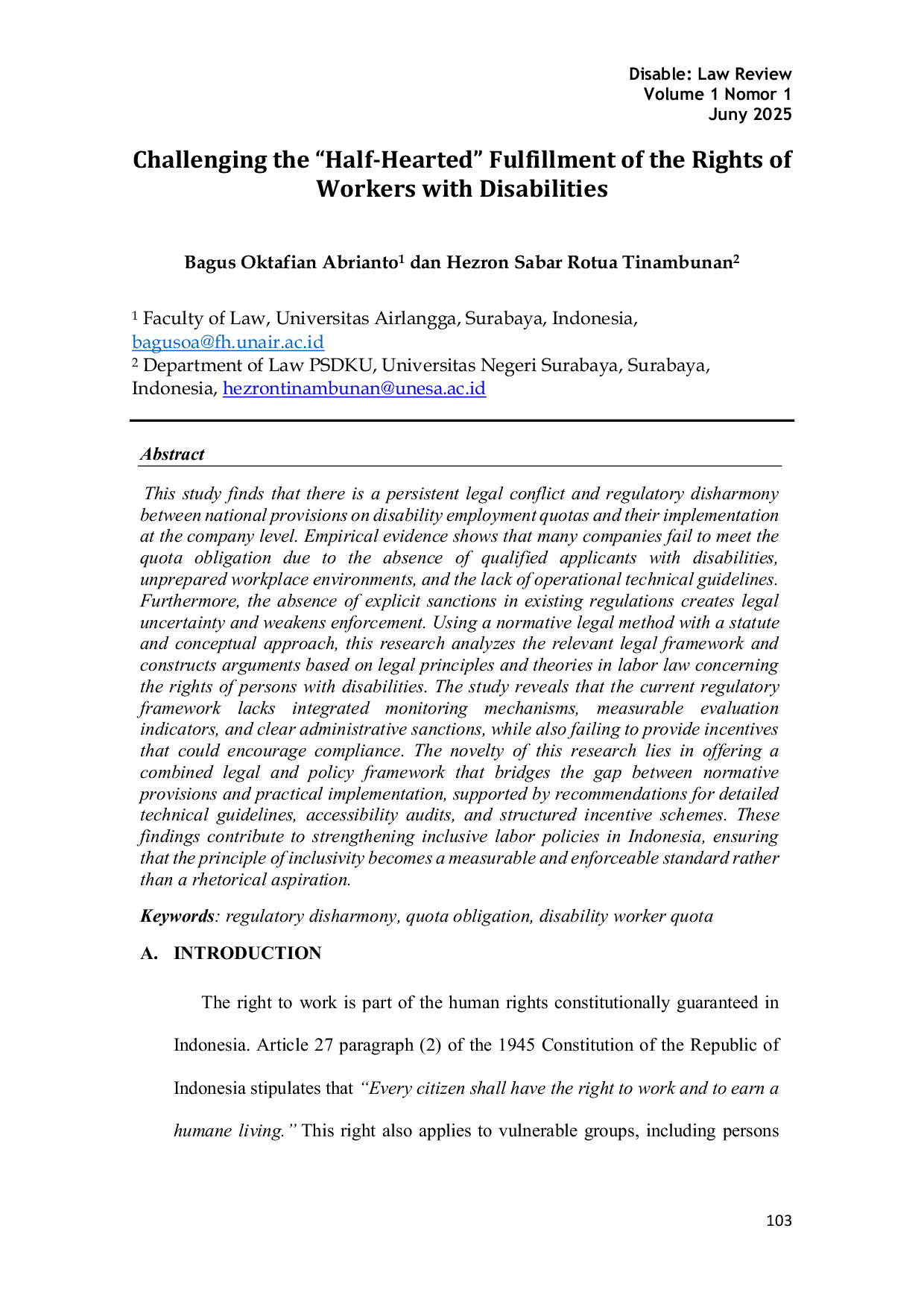 JURIS Challenging the Half Hearted Fulfillment of the Rights of Workers with Disabilities