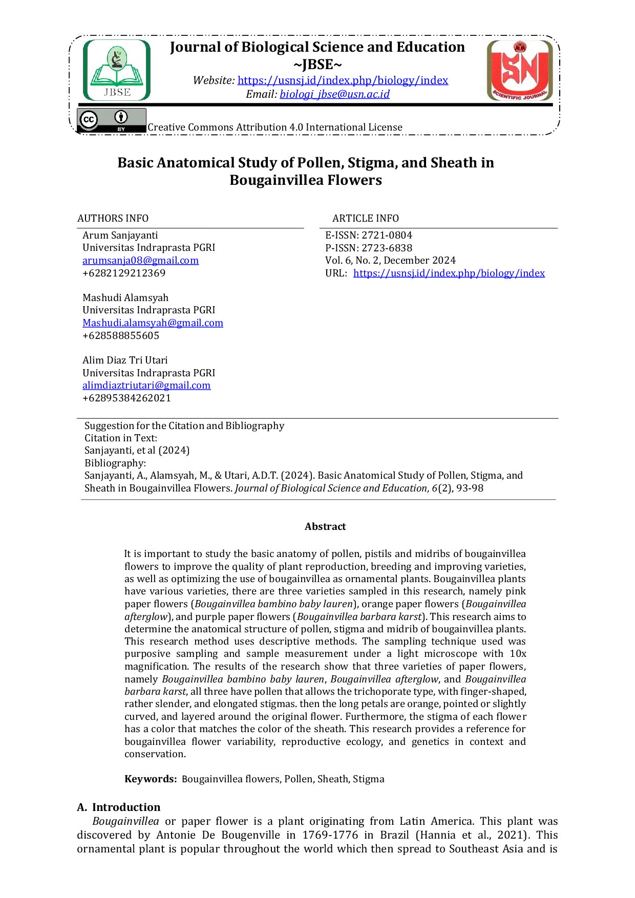 JURIS Basic Anatomical Study of Pollen Stigma and Sheath in Bougainvillea Flowers