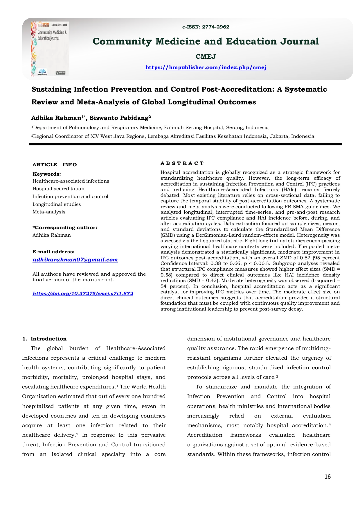 JURIS Sustaining Infection Prevention and Control Post Accreditation A Systematic Review and Meta Analysis of Global Longitudinal Outcomes