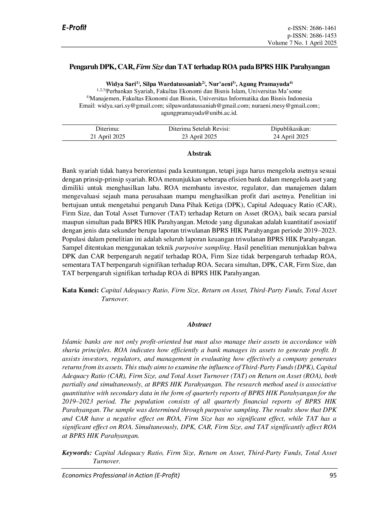 JURIS Pengaruh DPK CAR Firm Size dan TAT terhadap ROA di BPRS HIK Parahyangan