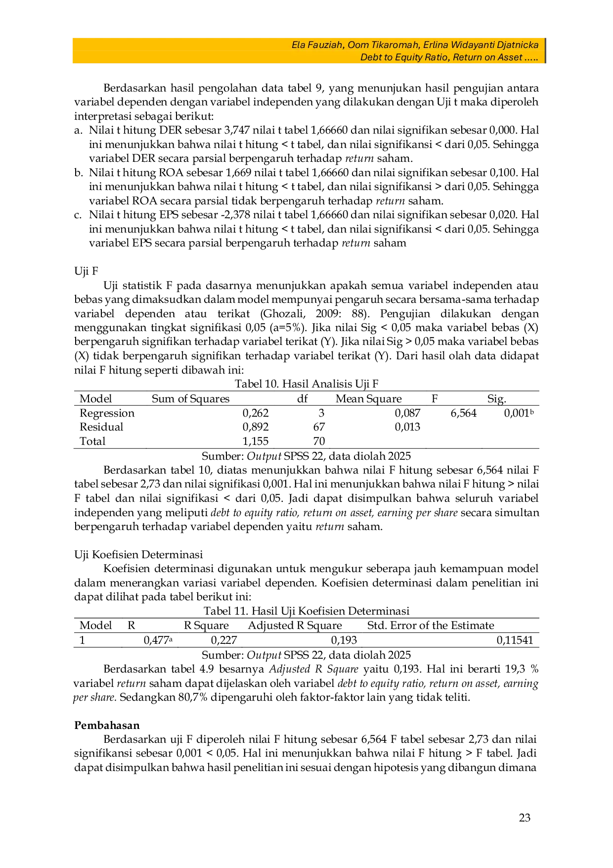 JURIS Debt to Equity Ratio Return on Asset and Earning Per Share as Predictor Variables of Stock Return in the Capital Market