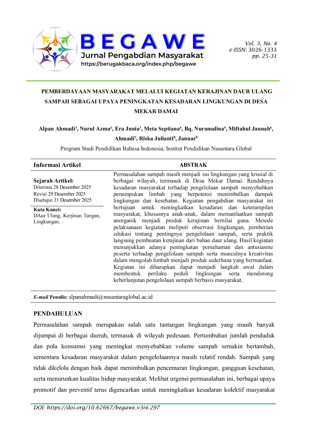 JURIS Pemberdayaan Masyarakat Melalui Kegiatan Kerajinan Daur Ulang Sampah Sebagai Upaya Peningkatan Kesadaran Lingkungan Di Desa Mekar Damai