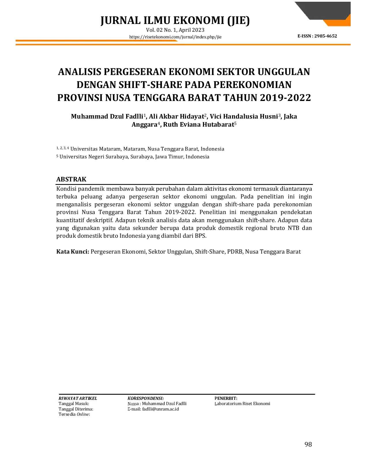 JURIS Analisis Pergeseran Ekonomi Sektor Unggulan Dengan Shift Share Pada Perekonomian Provinsi Nusa Tenggara Barat Tahun 2019 2022