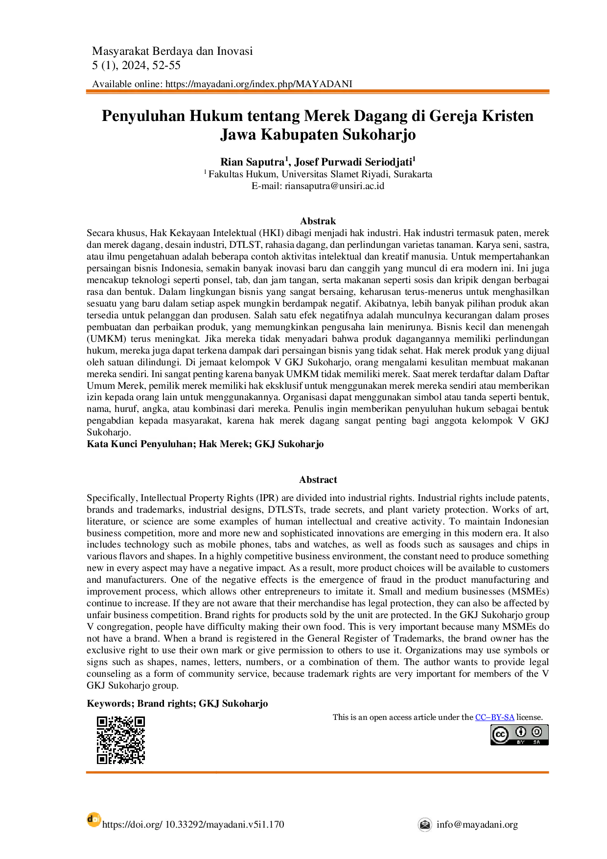 JURIS Penyuluhan Hukum Tentang Merek Dagang Di Gereja Kristen Jawa Kabupaten Sukoharjo