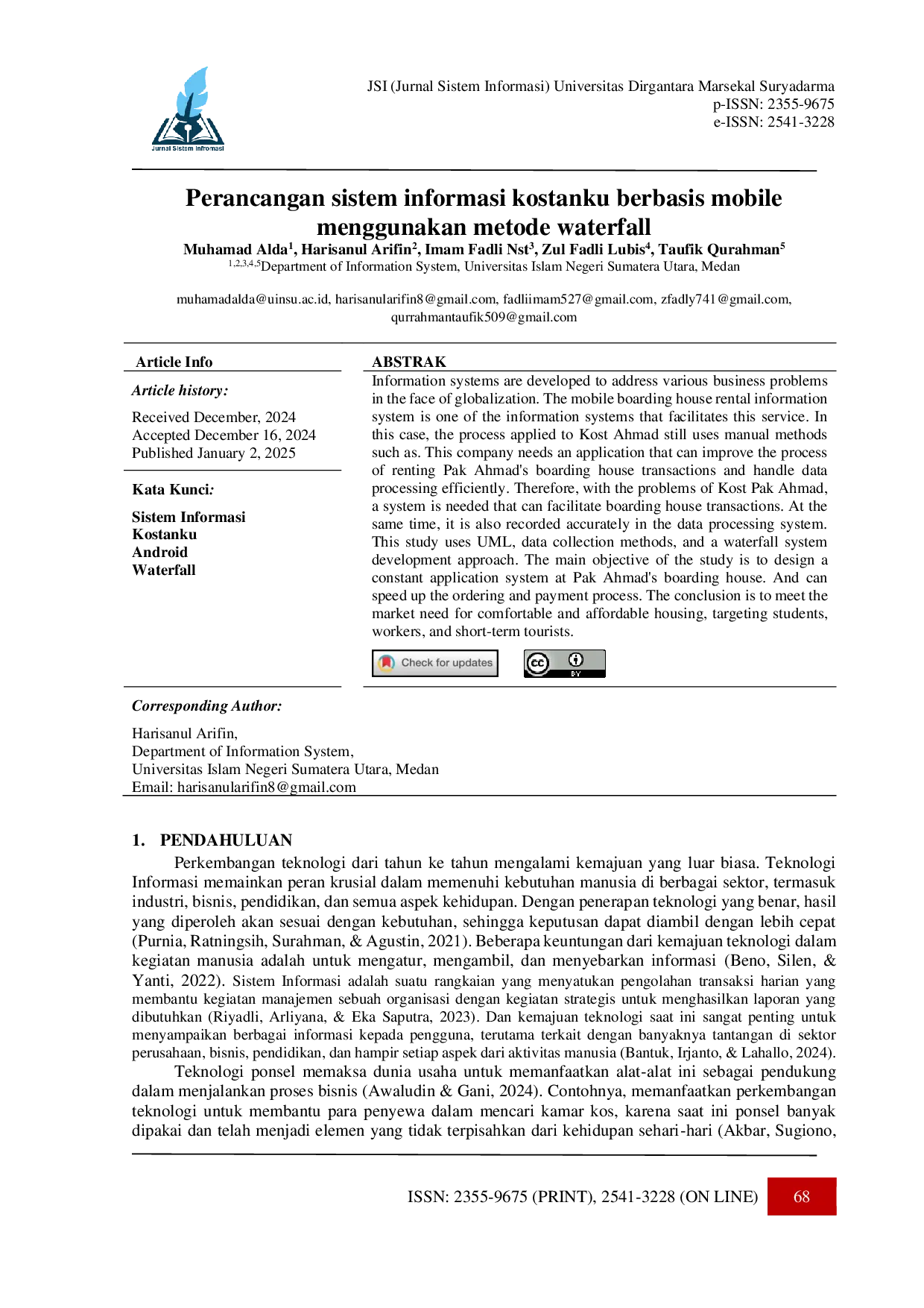 JURIS Perancangan sistem informasi kostanku berbasis mobile menggunakan metode waterfall