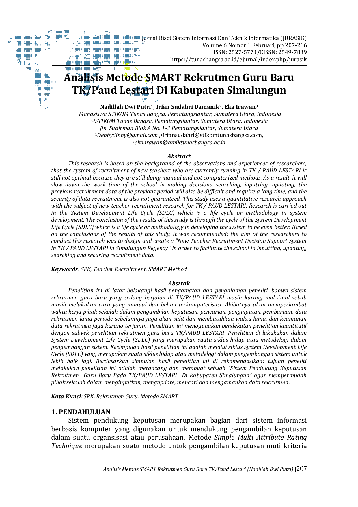 JURIS Analisis Metode SMART Rekrutmen Guru Baru TK Paud Lestari Di Kabupaten Simalungun