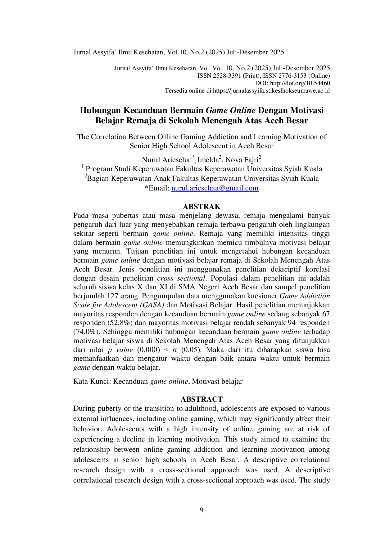 JURIS Hubungan Kecanduan Bermain Game Online Dengan Motivasi Belajar Remaja di Sekolah Menengah Atas Aceh Besar