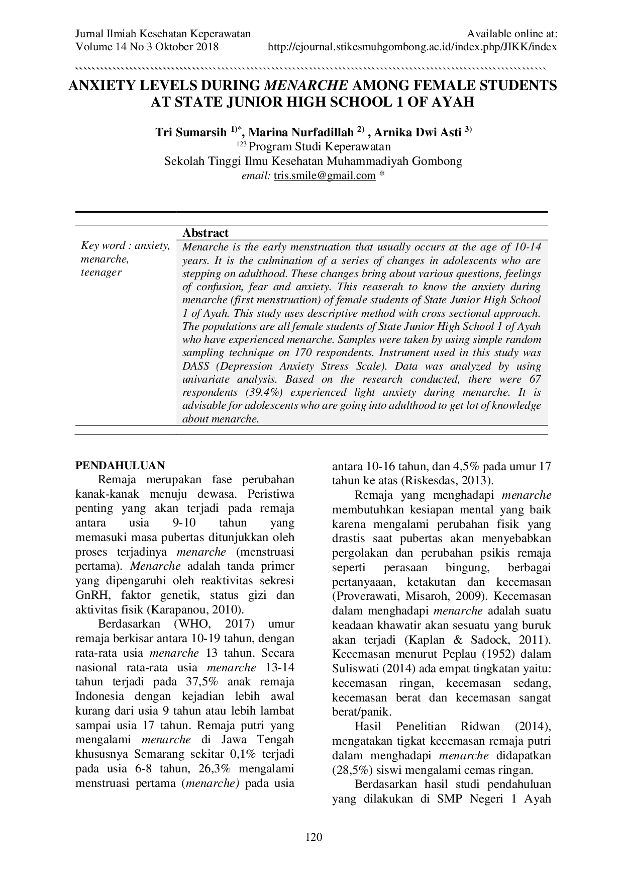 JURIS Tingkat Kecemasan Saat Menarche Pada Remaja Putri Smp Negeri 1 Ayah