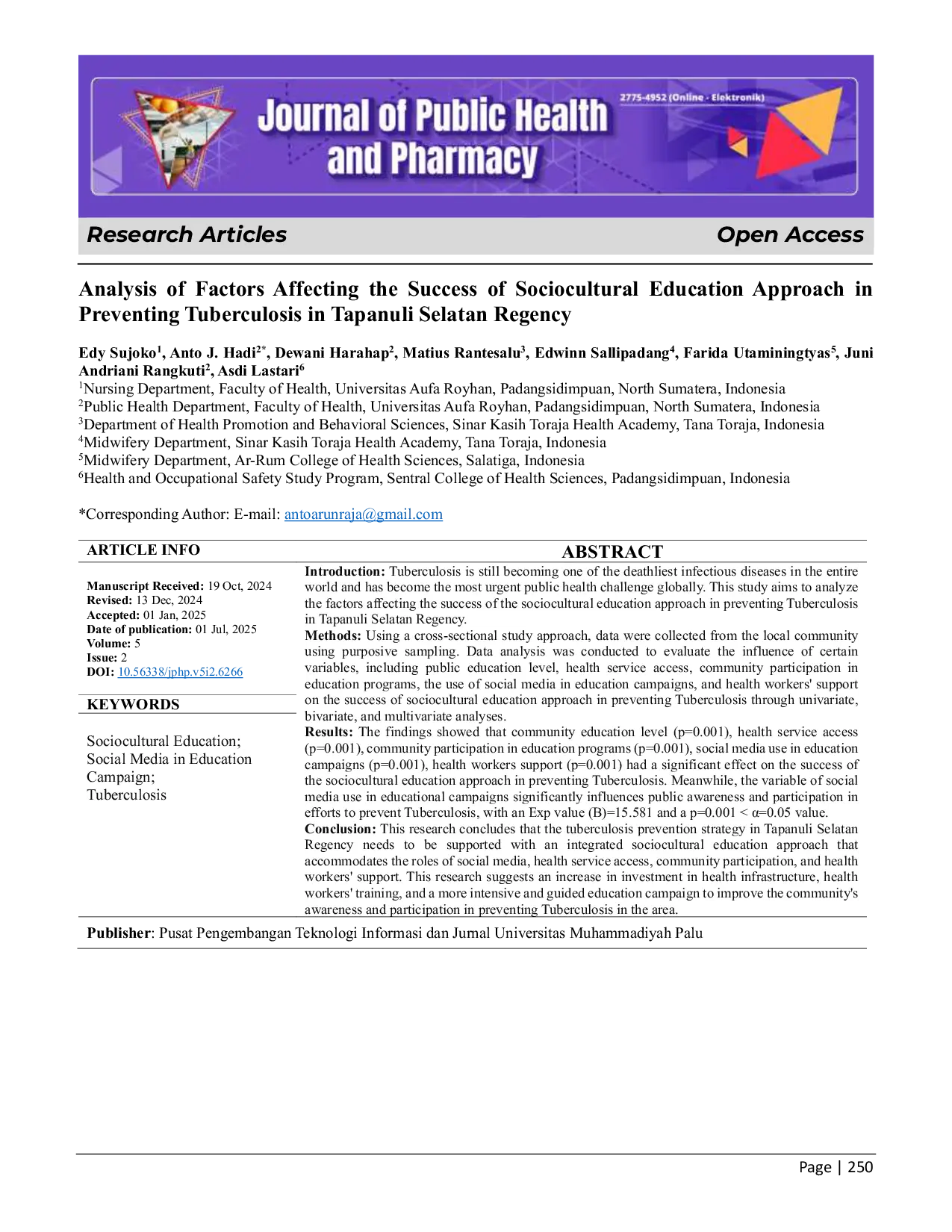 JURIS Analysis Of Factors Affecting The Success Of Sociocultural Education Approach In Preventing Tuberculosis In Tapanuli Selatan Regency