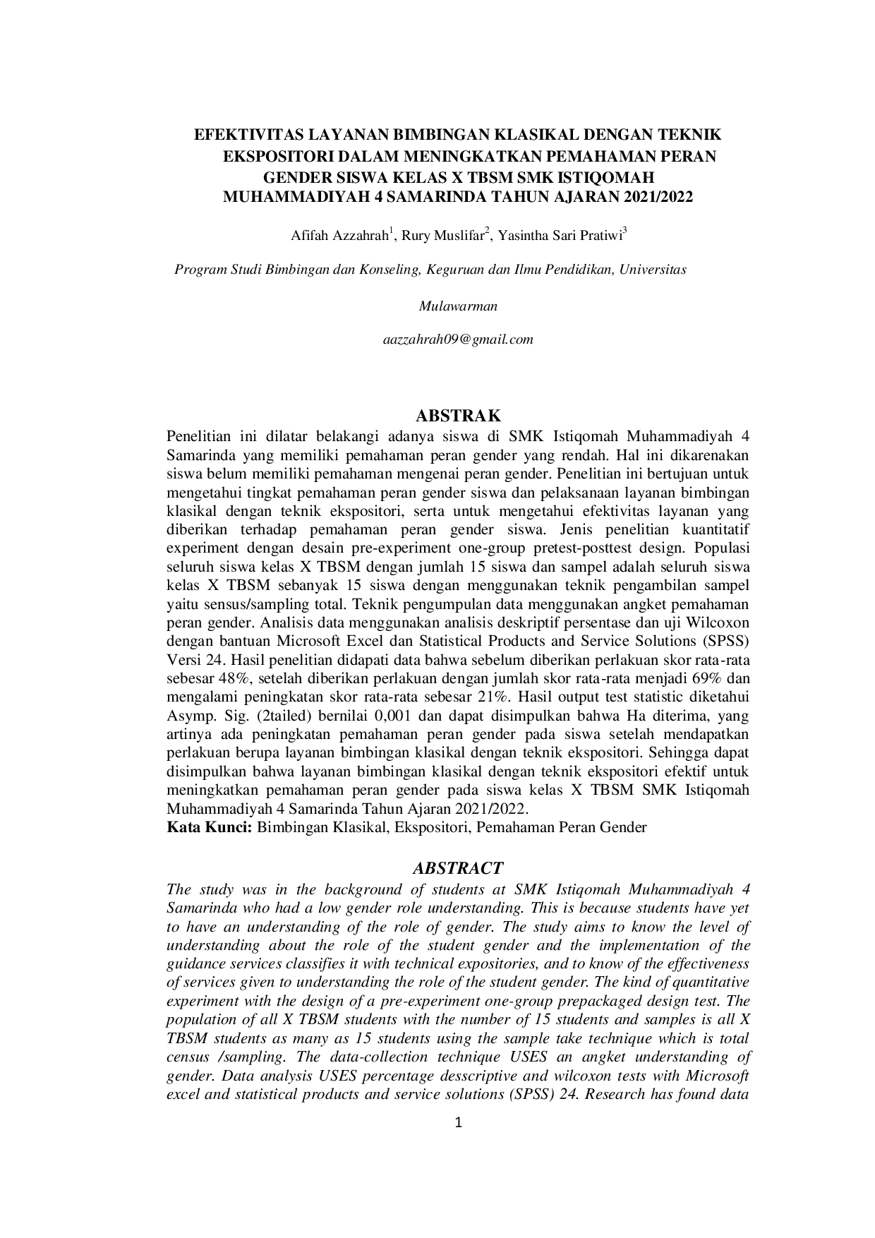 JURIS Efektivitas Layanan Bimbingan Klasikal Dengan Teknik Ekspositori Dalam Meningkatkan Pemahaman Peran Gender Siswa Kelas X TBSM SMK Istiqomah Muhammadiyah 4 Samarinda Tahun Ajaran 2021 2022