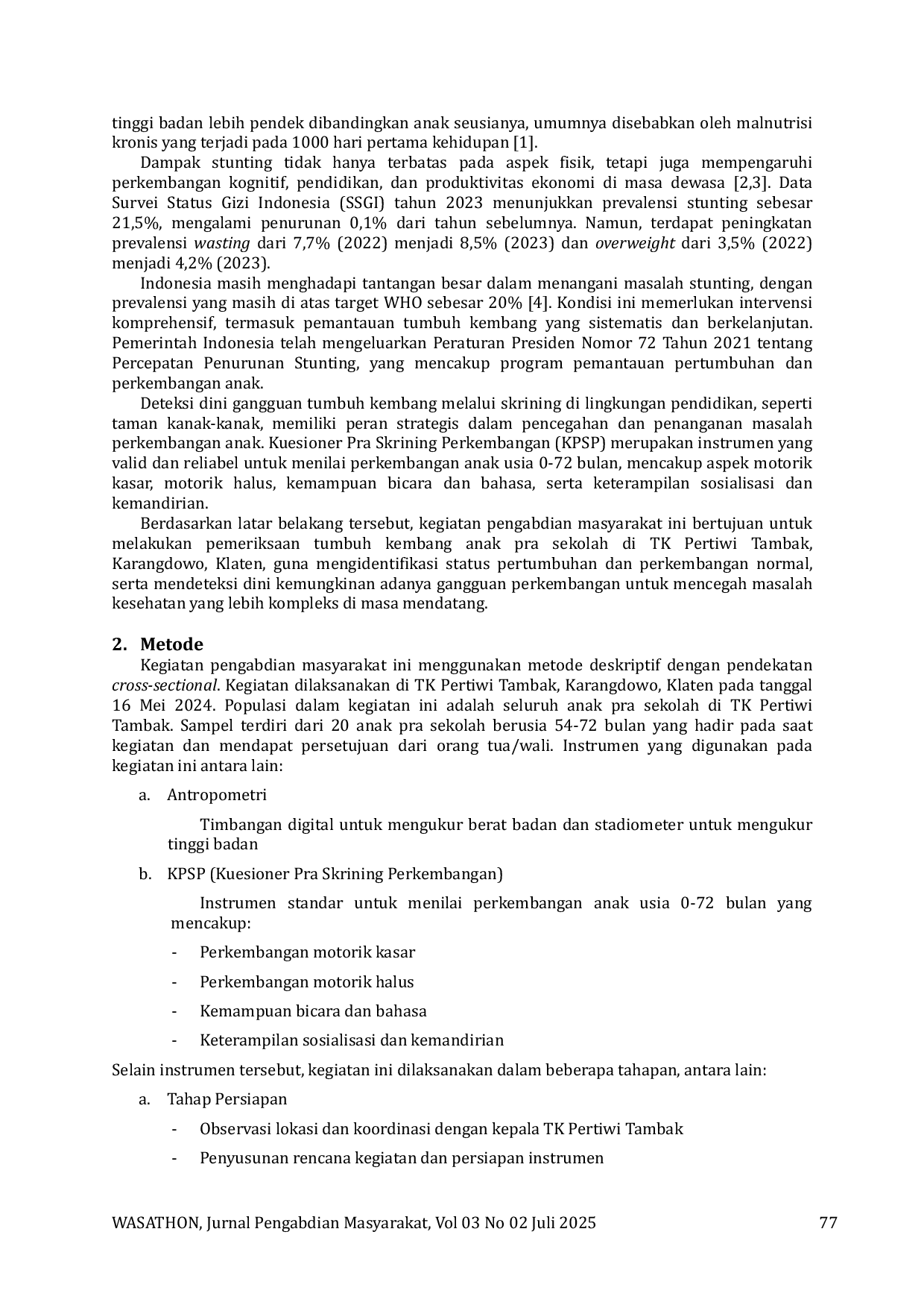 JURIS Pemeriksaan Tumbuh Kembang Anak Pra Sekolah Di TK Pertiwi Tambak Karangdowo Klaten