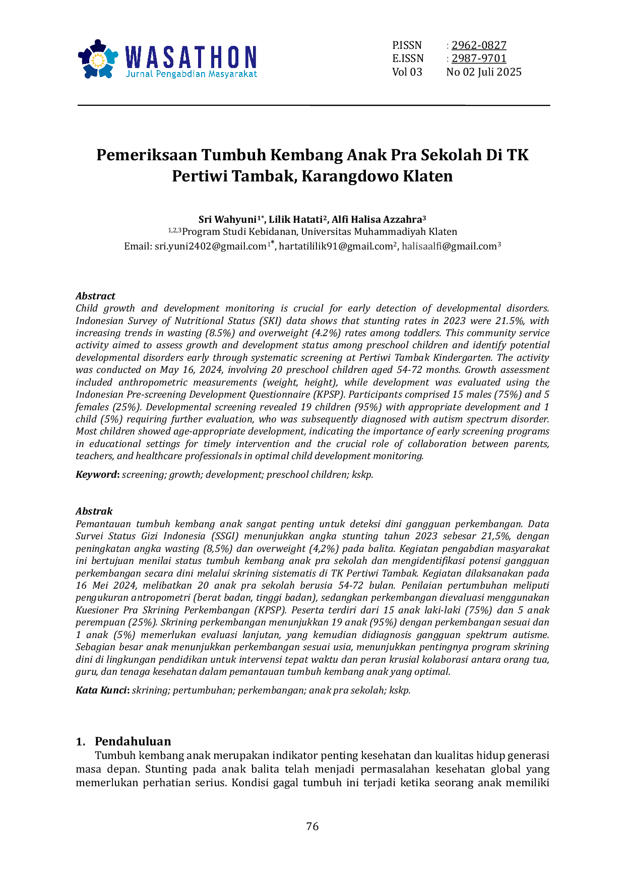 JURIS Pemeriksaan Tumbuh Kembang Anak Pra Sekolah Di TK Pertiwi Tambak Karangdowo Klaten