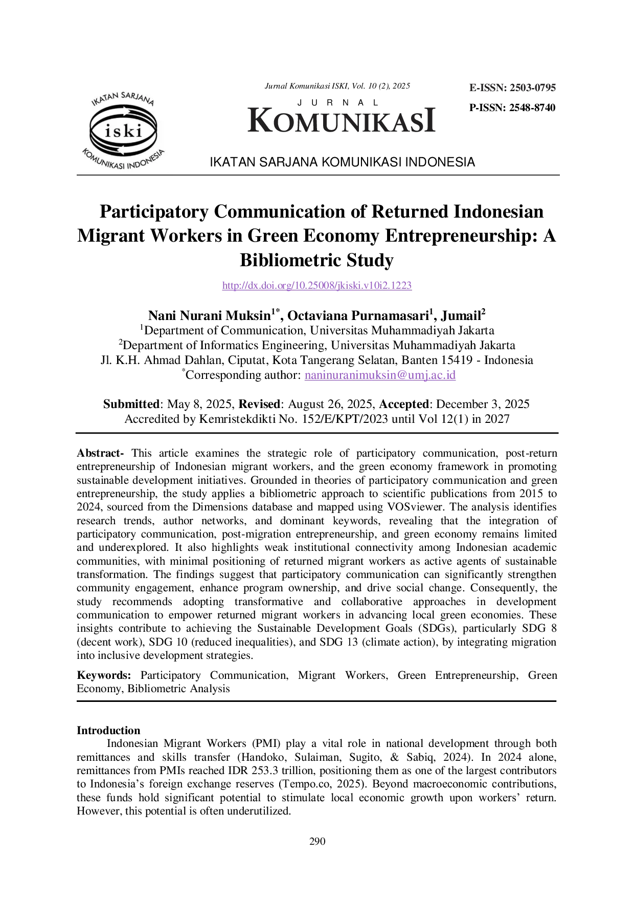 JURIS Participatory Communication of Returned Indonesian Migrant Workers in Green Economy Entrepreneurship A Bibliometric Study