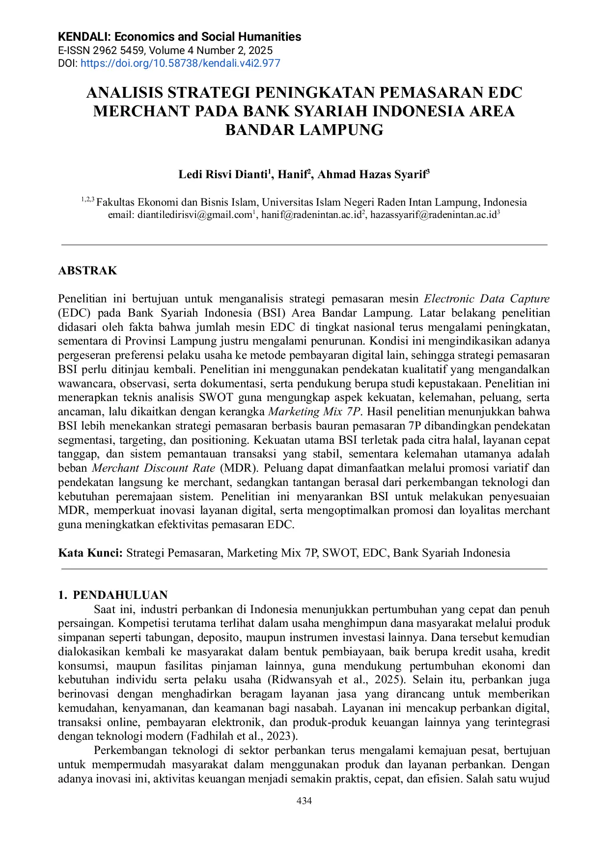 JURIS Analisis Strategi Peningkatan Pemasaran EDC Merchant pada Bank Syariah Indonesia Area Bandar Lampung