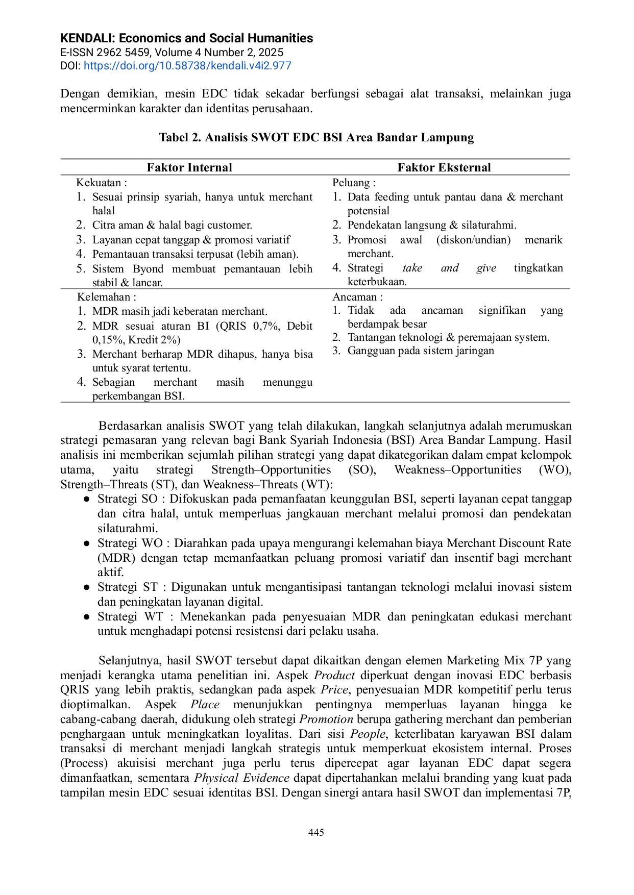 JURIS Analisis Strategi Peningkatan Pemasaran EDC Merchant pada Bank Syariah Indonesia Area Bandar Lampung