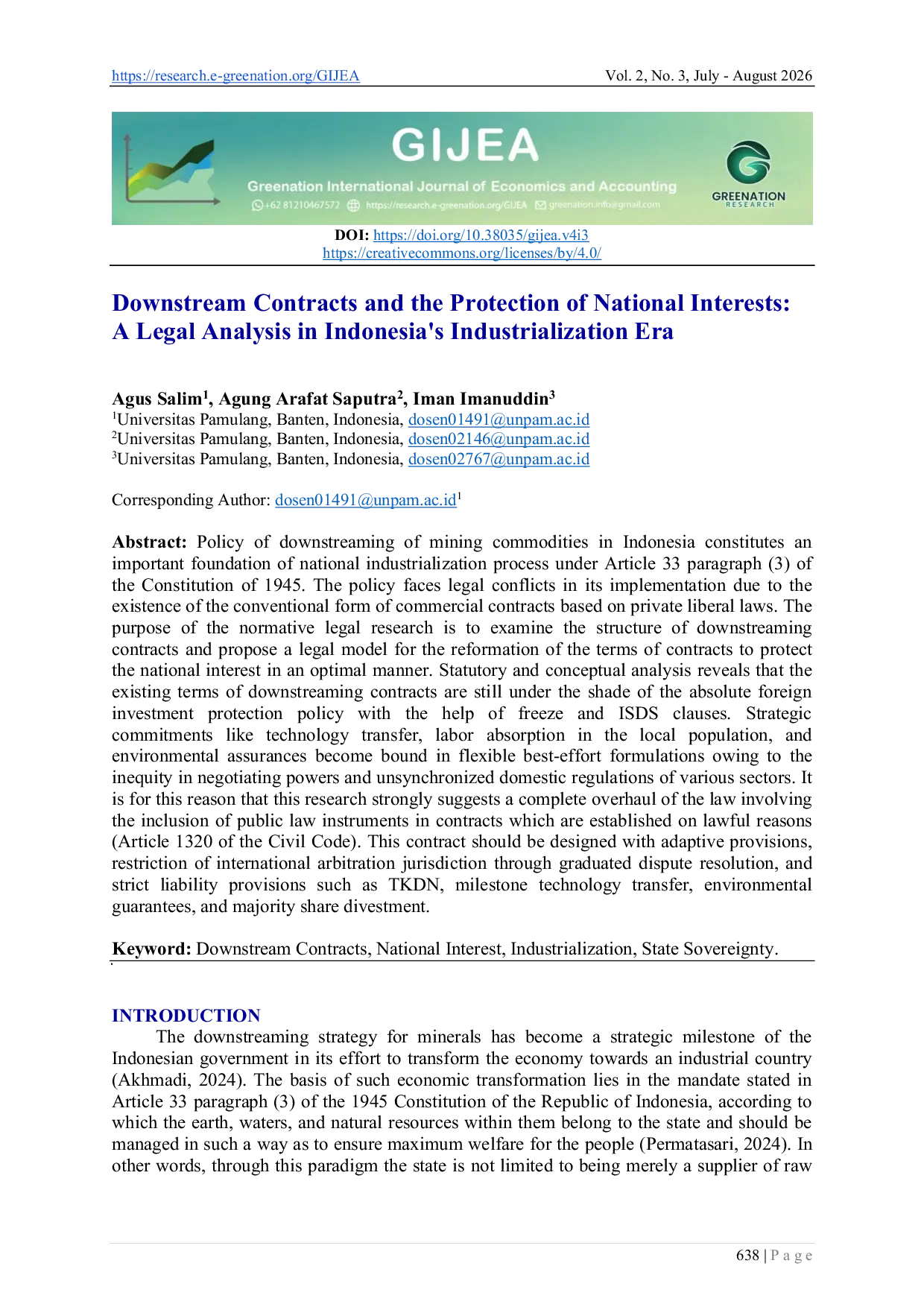 JURIS Downstream Contracts and the Protection of National Interests A Legal Analysis in Indonesia s Industrialization Era