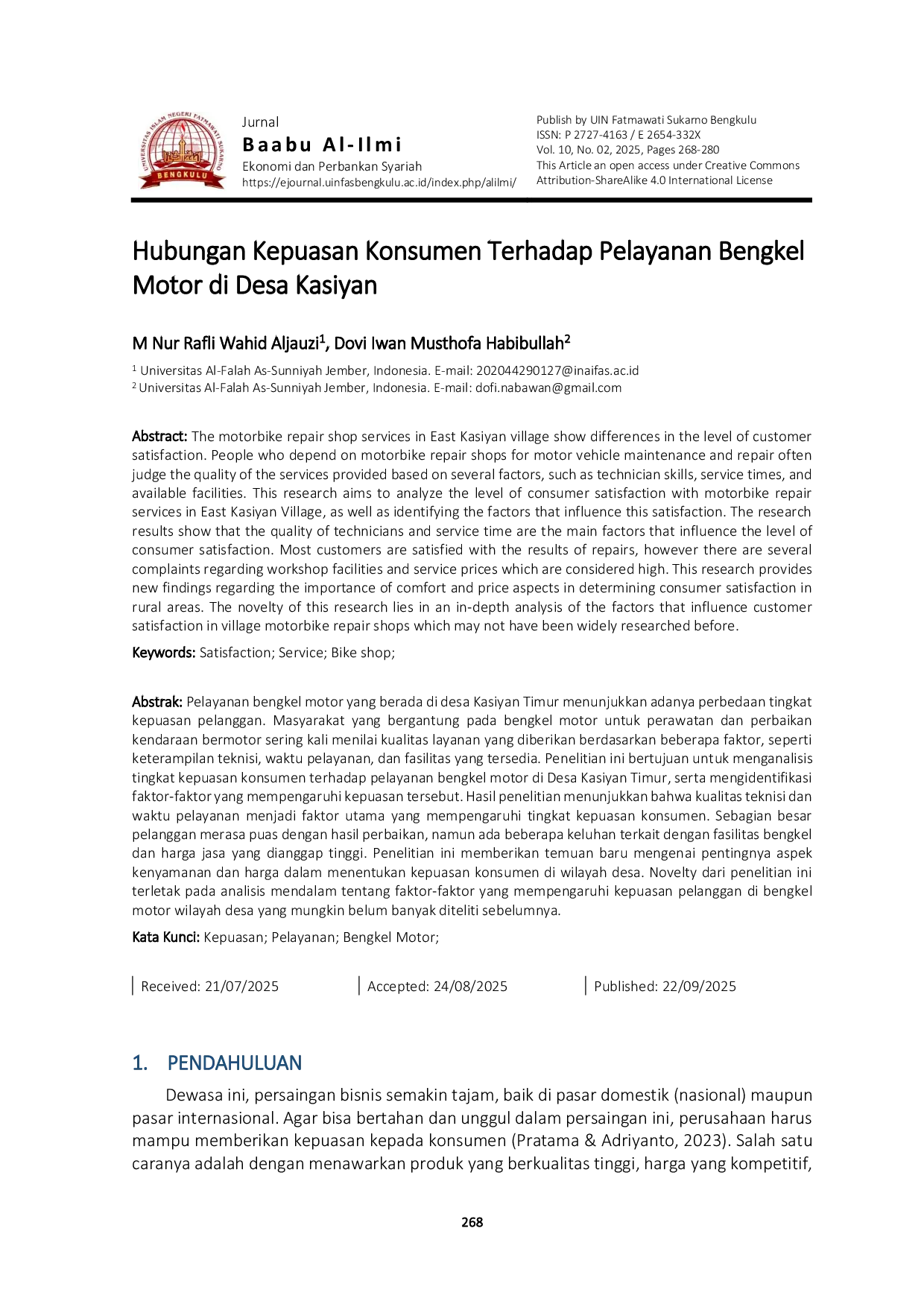 JURIS Hubungan Kepuasan Konsumen Terhadap Pelayanan Bengkel Motor di Desa Kasiyan