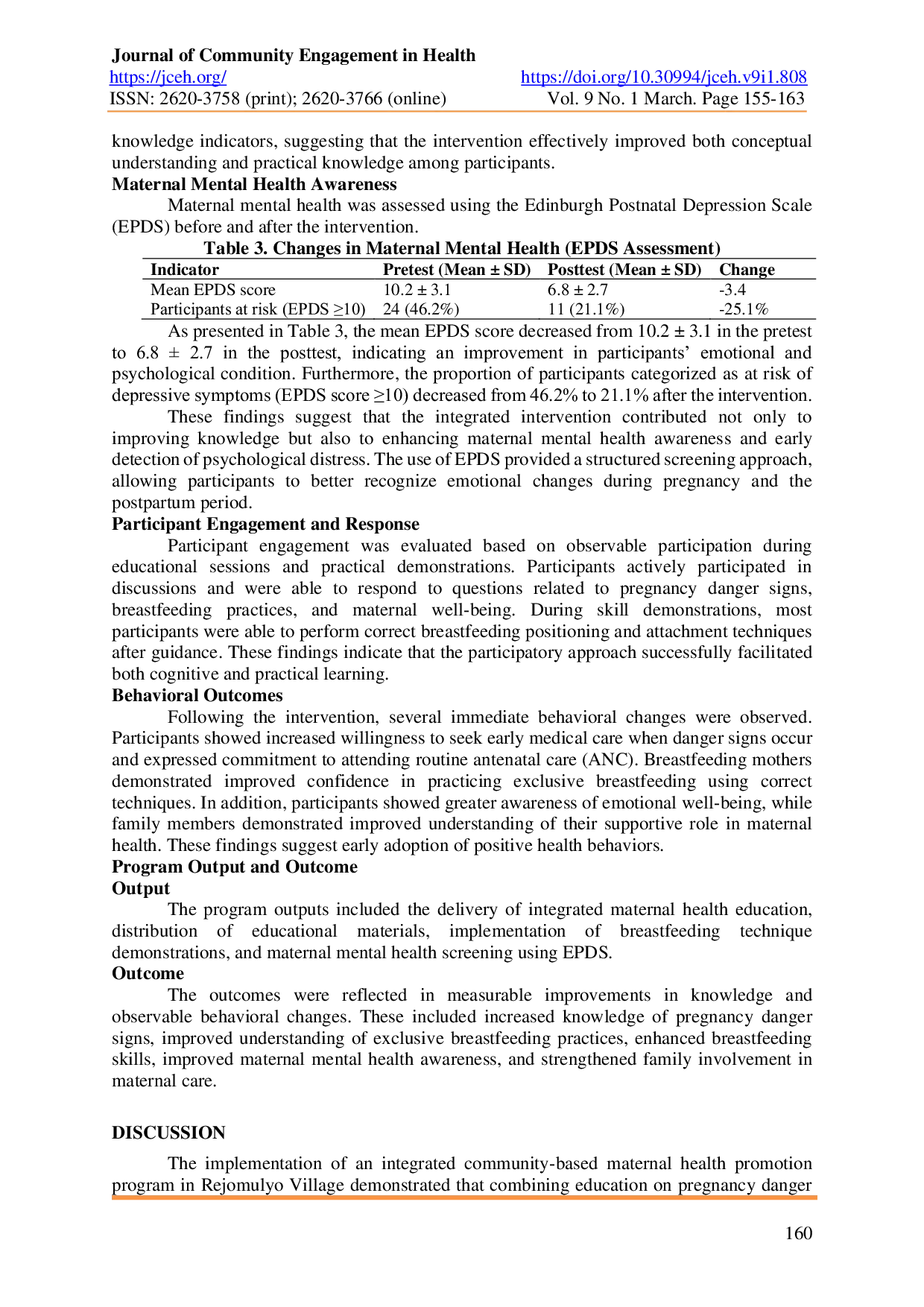 JURIS Integrated Community Based Maternal Health Promotion to Improve Knowledge of Pregnancy Breastfeeding and Mental Health