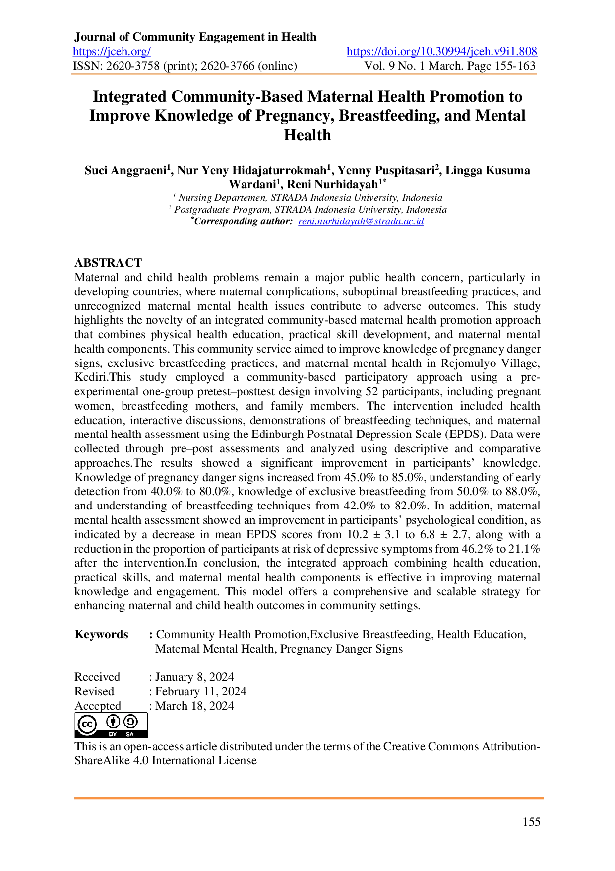 JURIS Integrated Community Based Maternal Health Promotion to Improve Knowledge of Pregnancy Breastfeeding and Mental Health