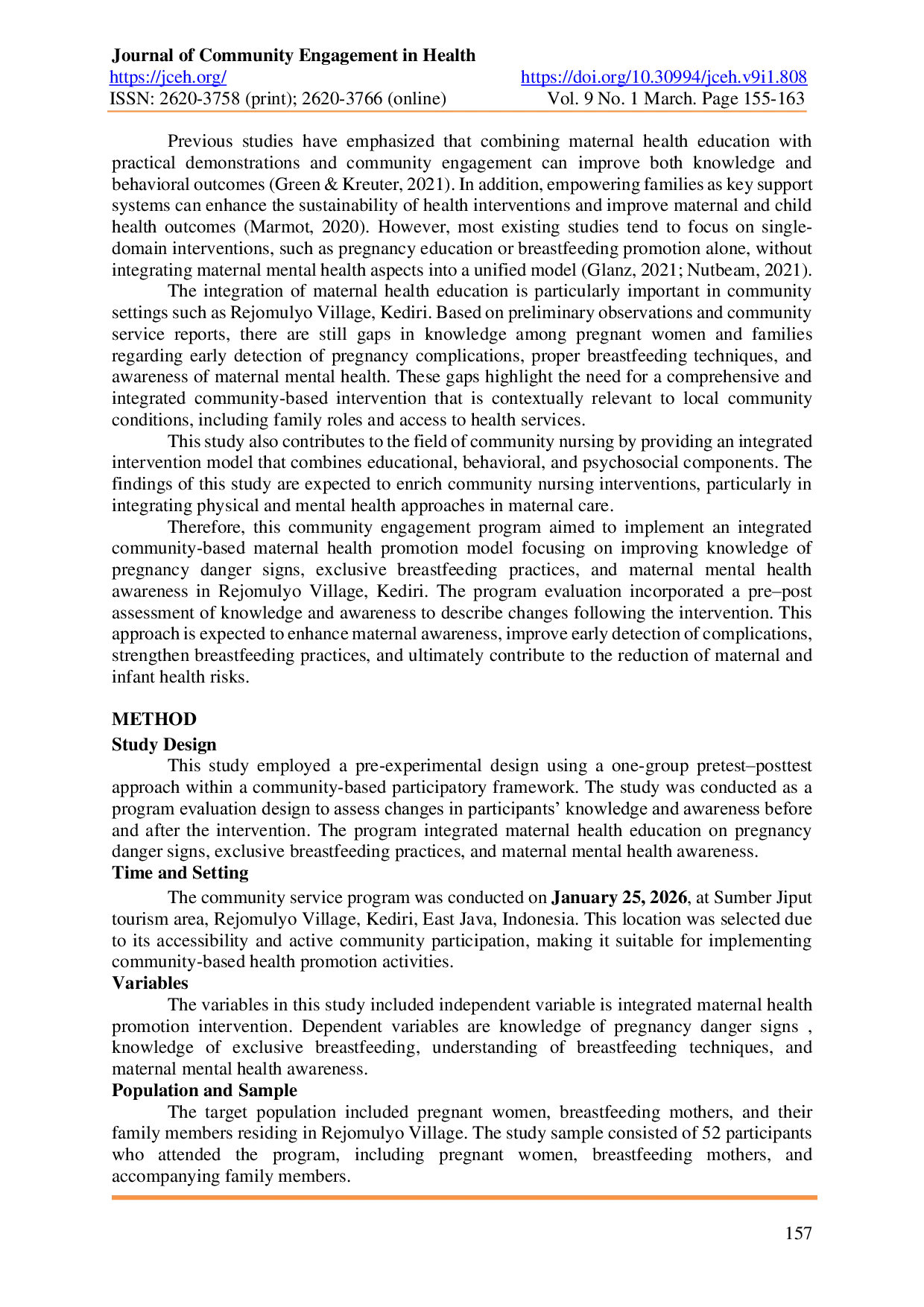 JURIS Integrated Community Based Maternal Health Promotion to Improve Knowledge of Pregnancy Breastfeeding and Mental Health