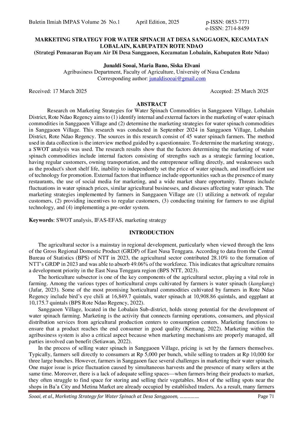 JURIS Marketing Strategy For Water Spinach At Desa Sanggaoen Kecamatan Lobalain Kabupaten Rote Ndao