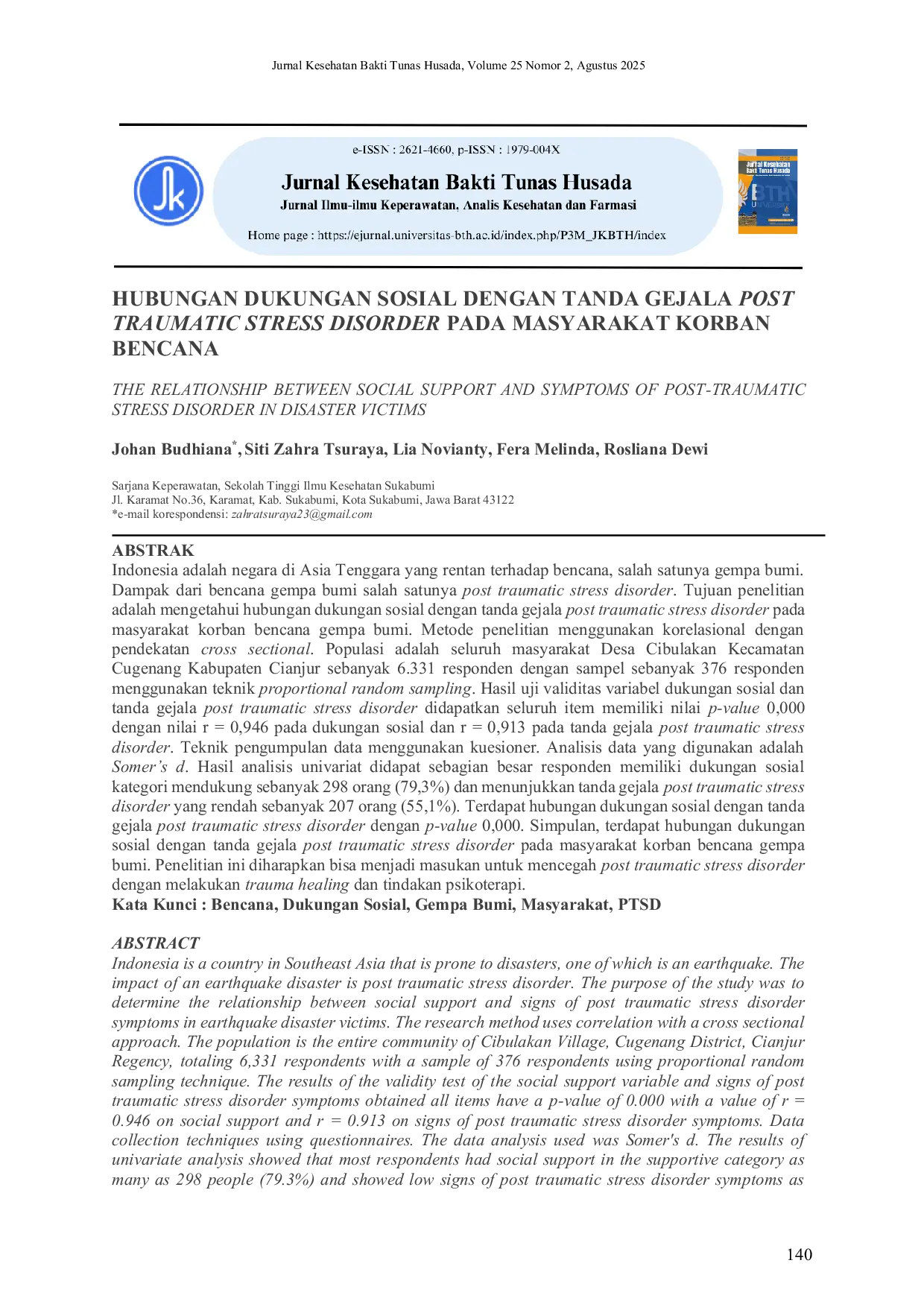 JURIS Hubungan Dukungan Sosial Dengan Tanda Gejala Post Traumatic Stress Disorder Pada Masyarakat Korban Bencana