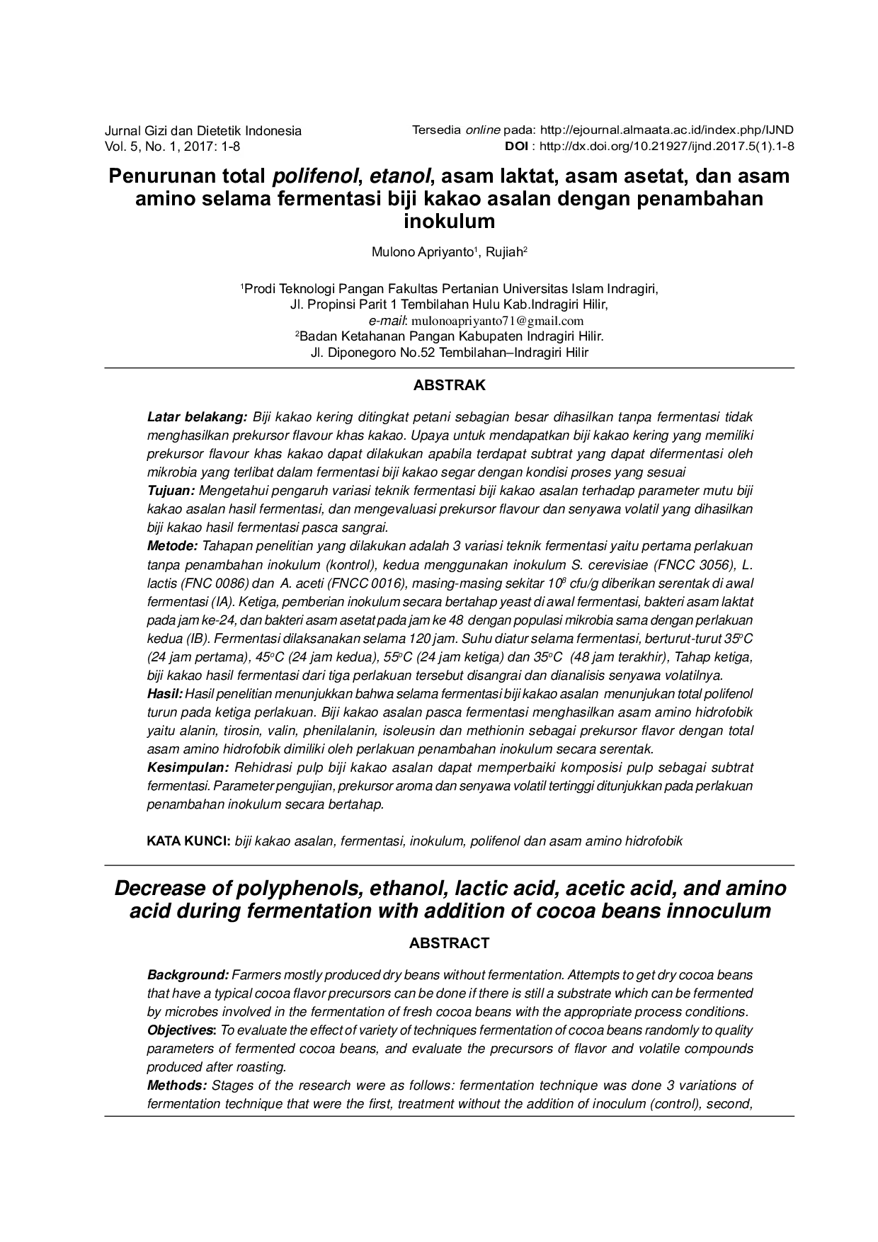 JURIS Penurunan Total Polifenol Etanol Asam Laktat Asam Asetat Dan Asam Amino Selama Fermentasi Biji Kakao Asalan