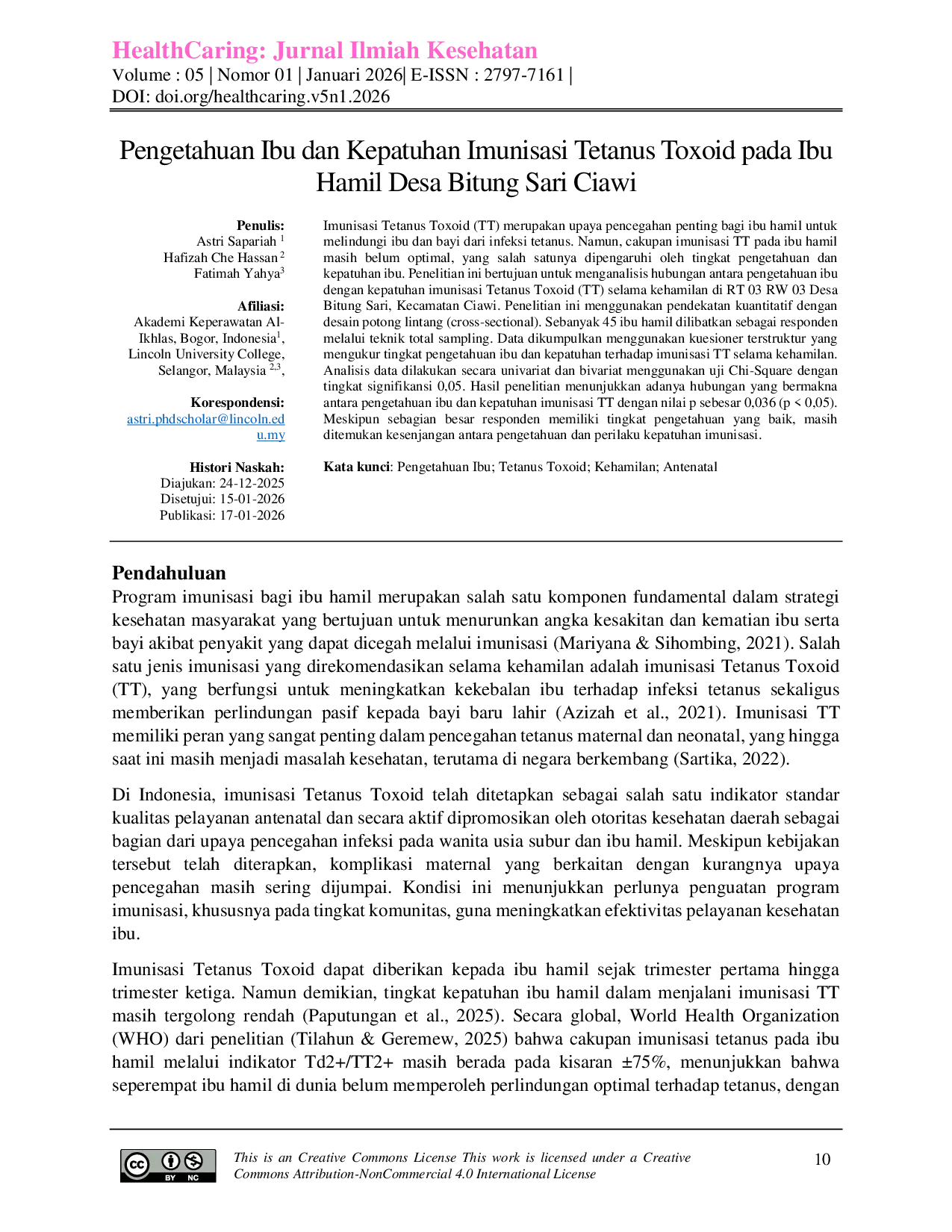 JURIS Pengetahuan Ibu dan Kepatuhan Imunisasi Tetanus Toxoid pada Ibu Hamil Desa Bitung Sari Ciawi