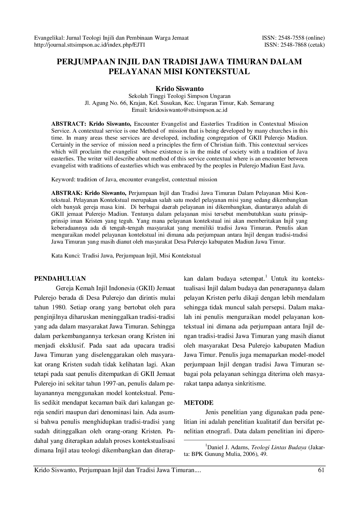 juris Perjumpaan Injil Dan Tradisi Jawa Timuran Dalam Pelayanan Misi Kontekstual