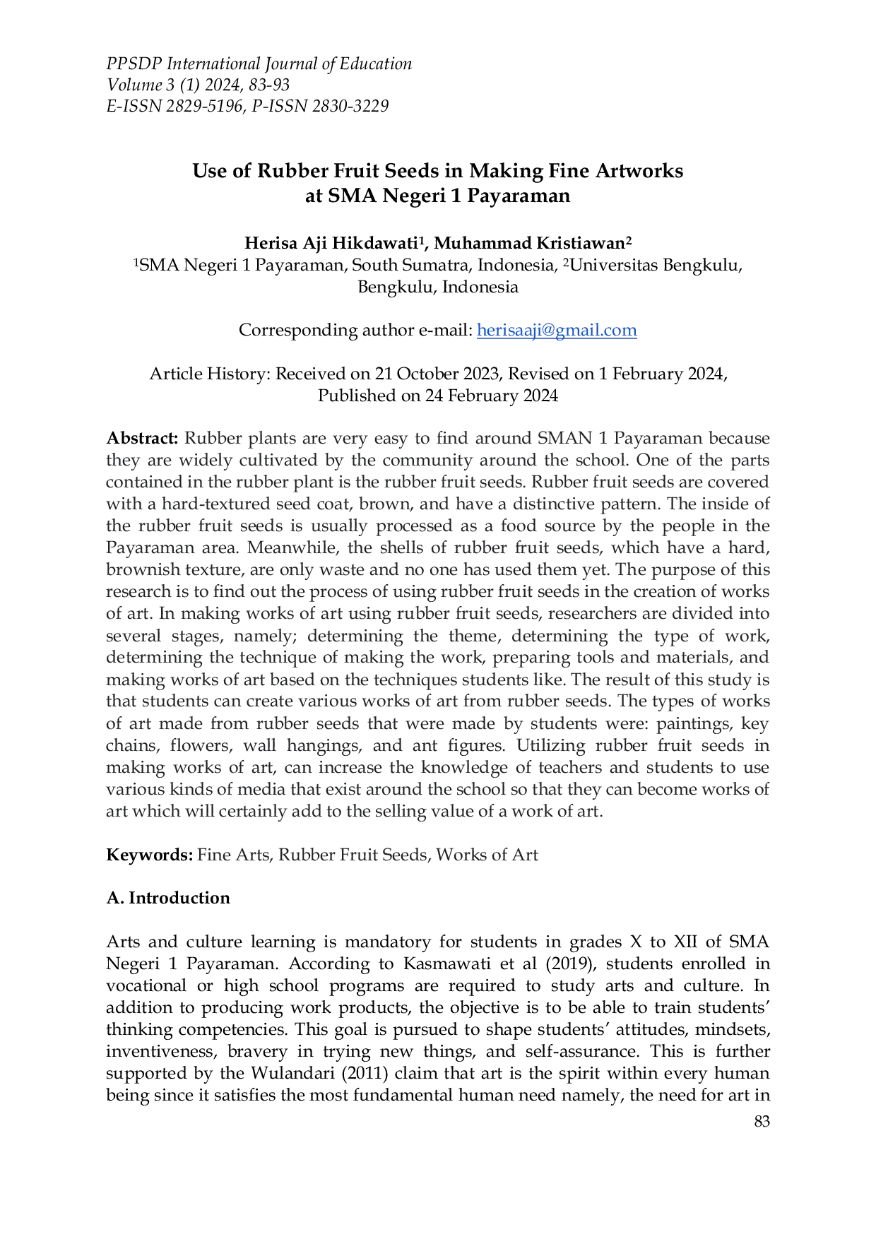 JURIS Use of Rubber Fruit Seeds in Making Fine Artworks at SMA Negeri 1 Payaraman