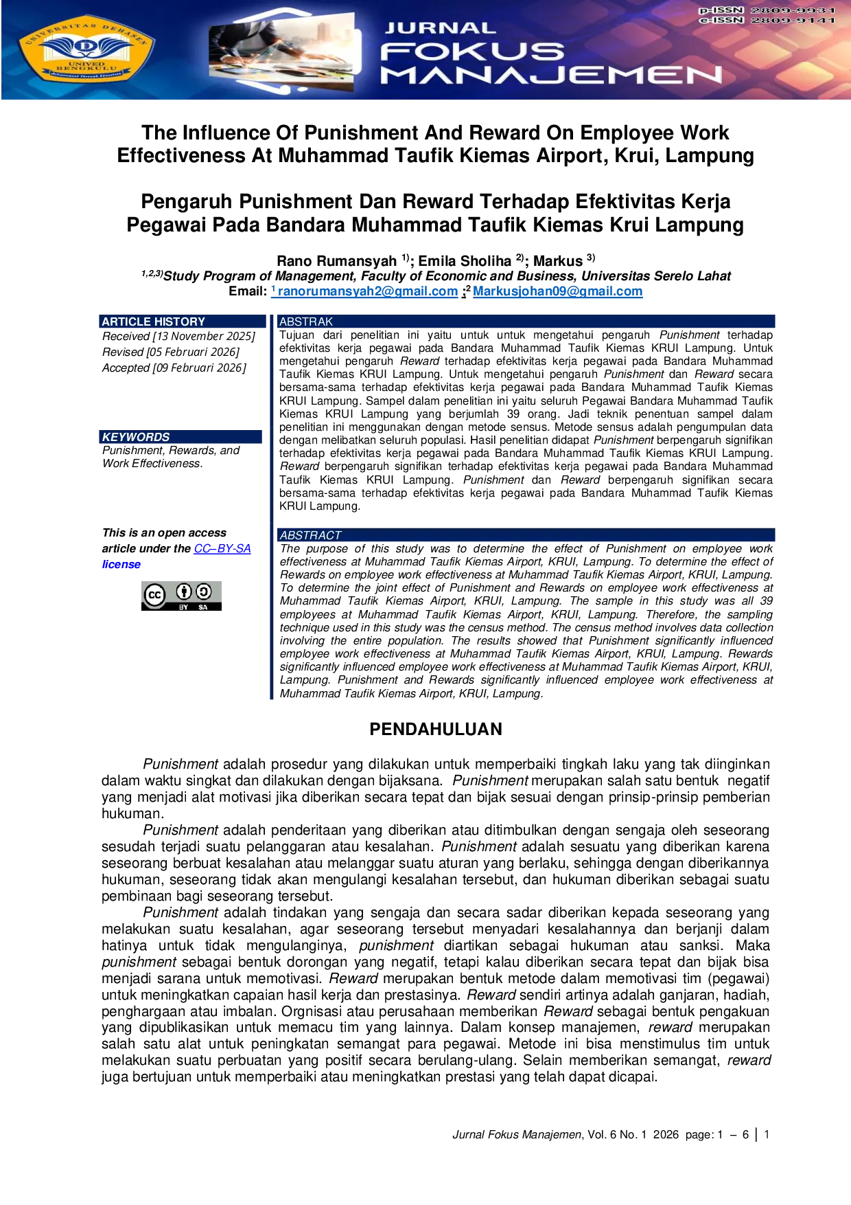 JURIS The Influence Of Punishment And Reward On Employee Work Effectiveness At Muhammad Taufik Kiemas Airport Krui Lampung