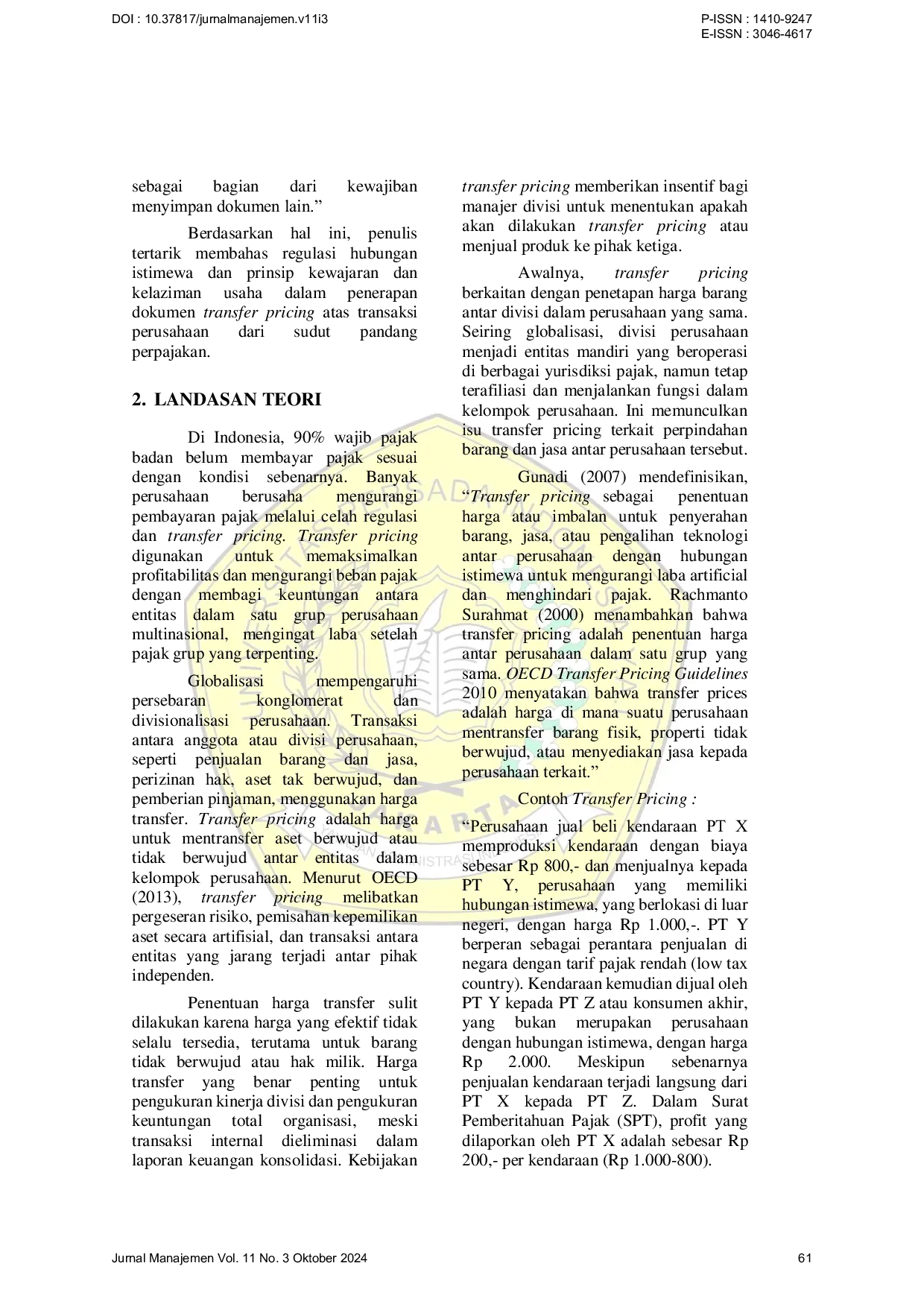 JURIS Tinjauan Regulasi Hubungan Istimewa dan Prinsip Kewajaran dan Kelaziman Usaha dalam Penerapan Dokumen Transfer Pricing dari Sudut Pandang Perpajakan