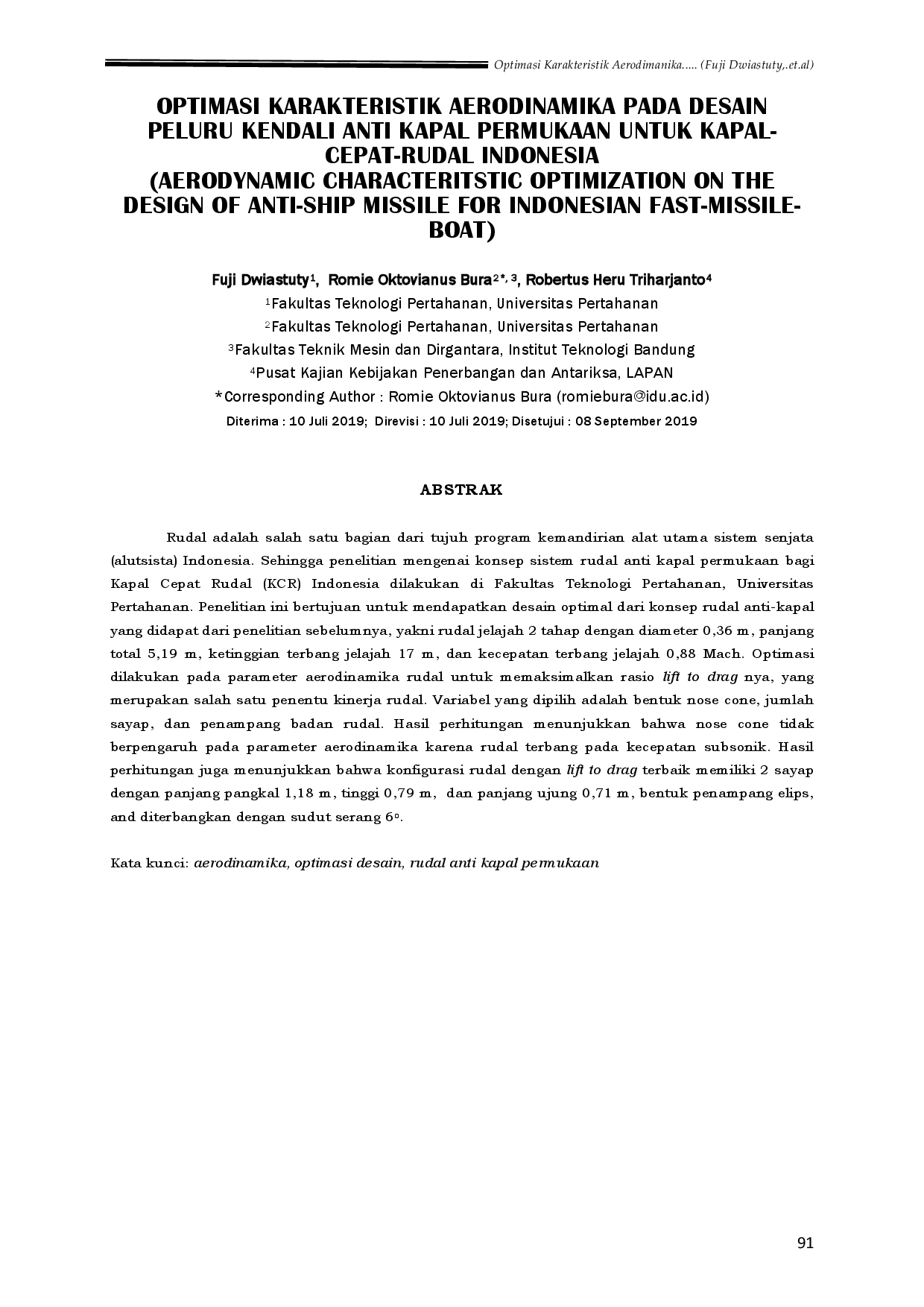 juris Aerodynamic Characteristic Optimization on The Design of Anti Ship Missile for Indonesian Fast Attack Boat