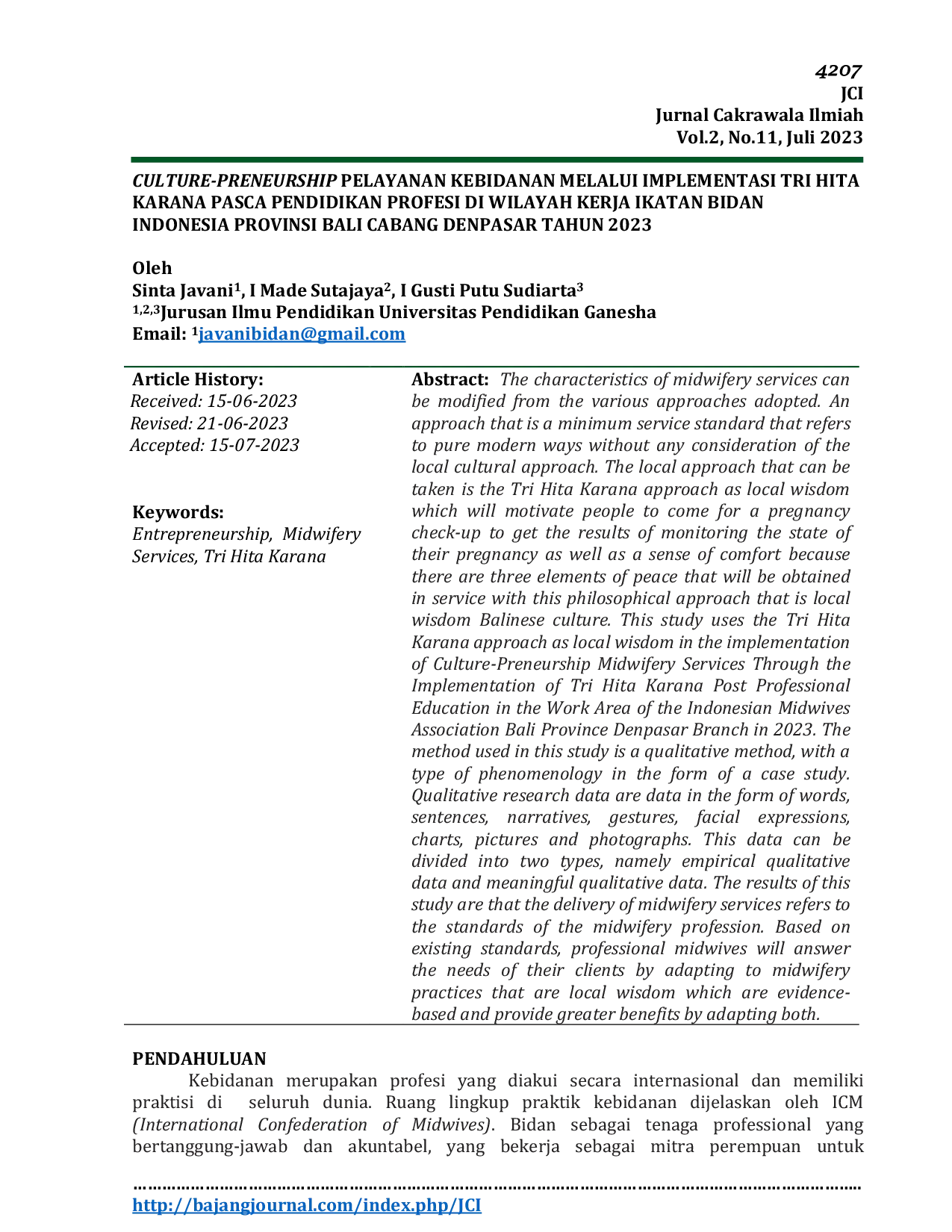 JURIS Culture Preneurship Pelayanan Kebidanan Melalui Implementasi Tri Hita Karana Pasca Pendidikan Profesi Di Wilayah Kerja Ikatan Bidan Indonesia Provinsi Bali Cabang Denpasar Tahun 2023