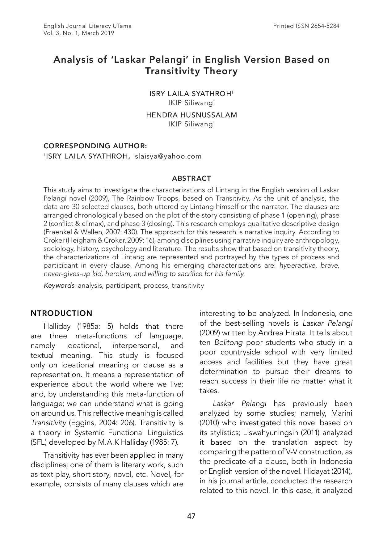 JURIS Analysis of Laskar Pelangi in English Version Based on Transitivity Theory