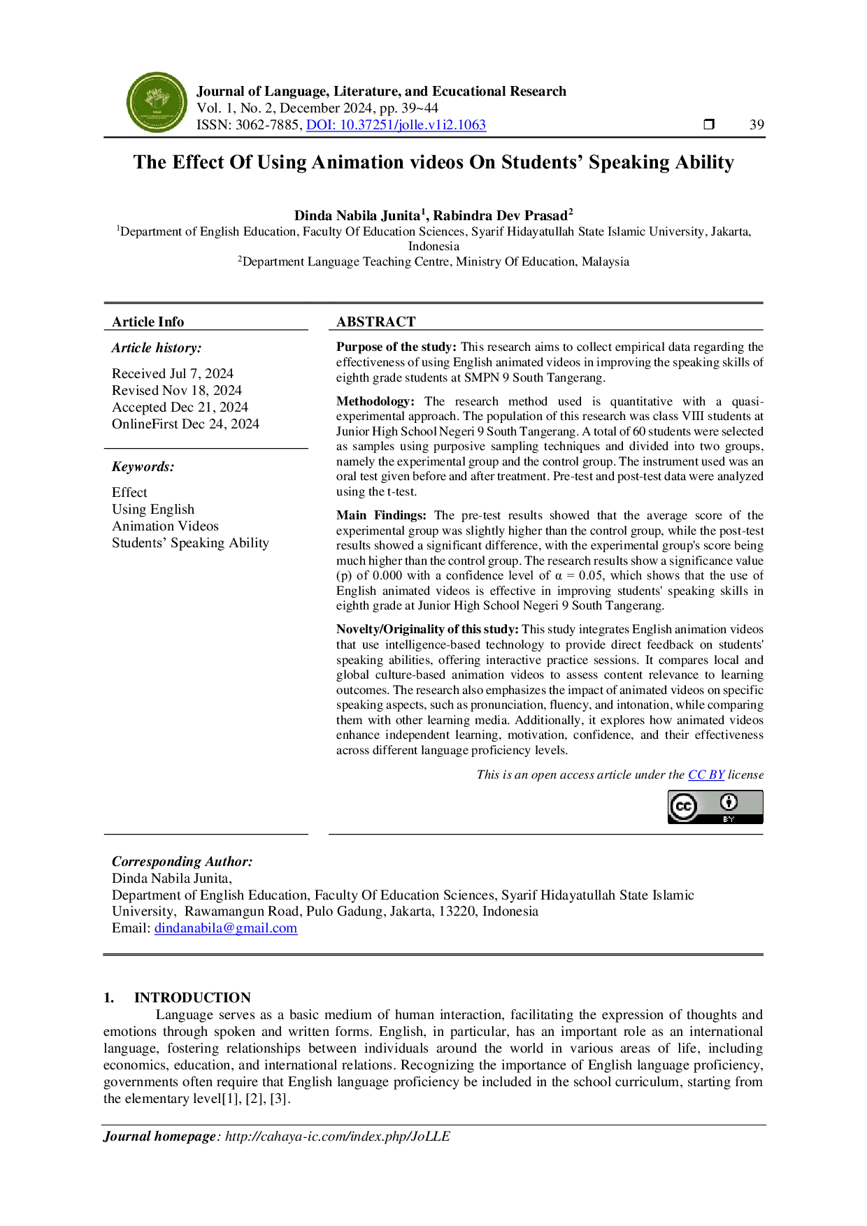 JURIS The Effect Of Using Animation Videos On Students Speaking Ability