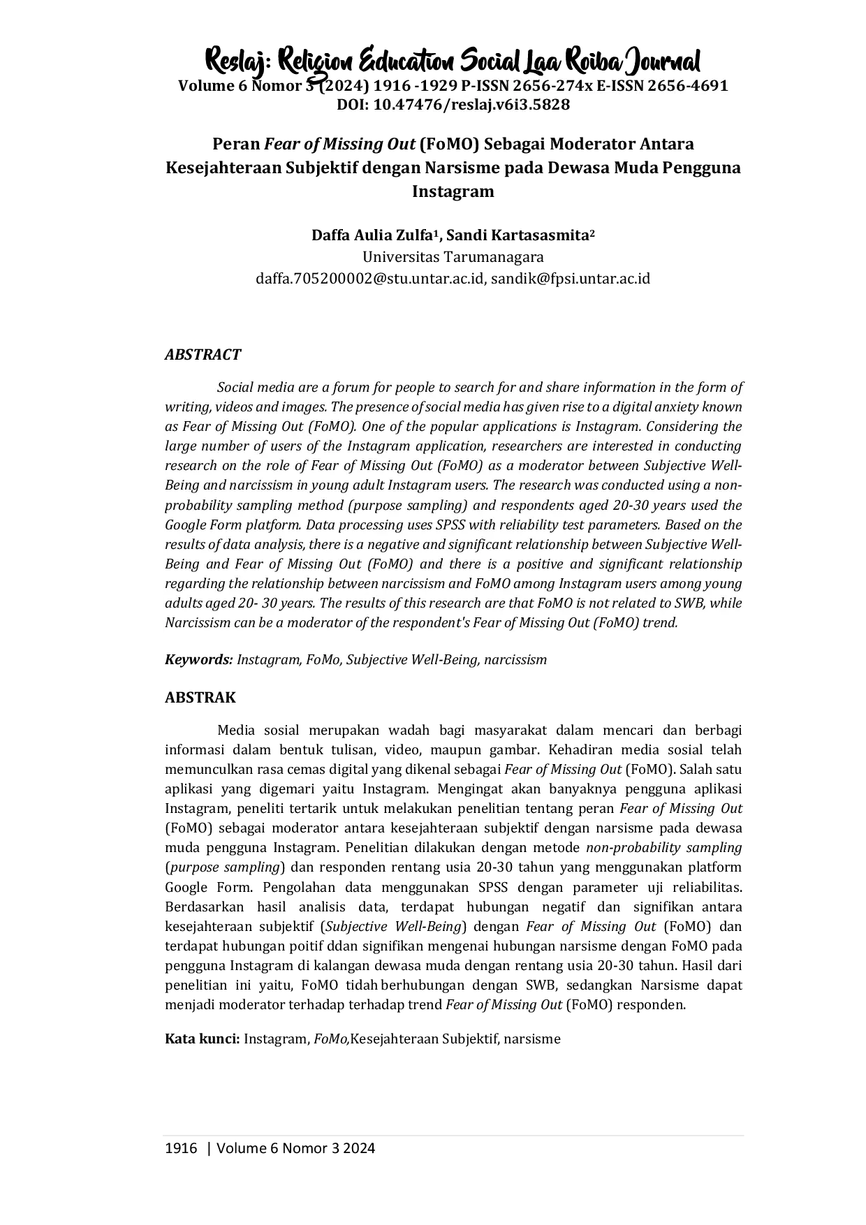 JURIS Peran Fear of Missing Out FoMO Sebagai Moderator Antara Kesejahteraan Subjektif dengan Narsisme pada Dewasa Muda Pengguna Instagram