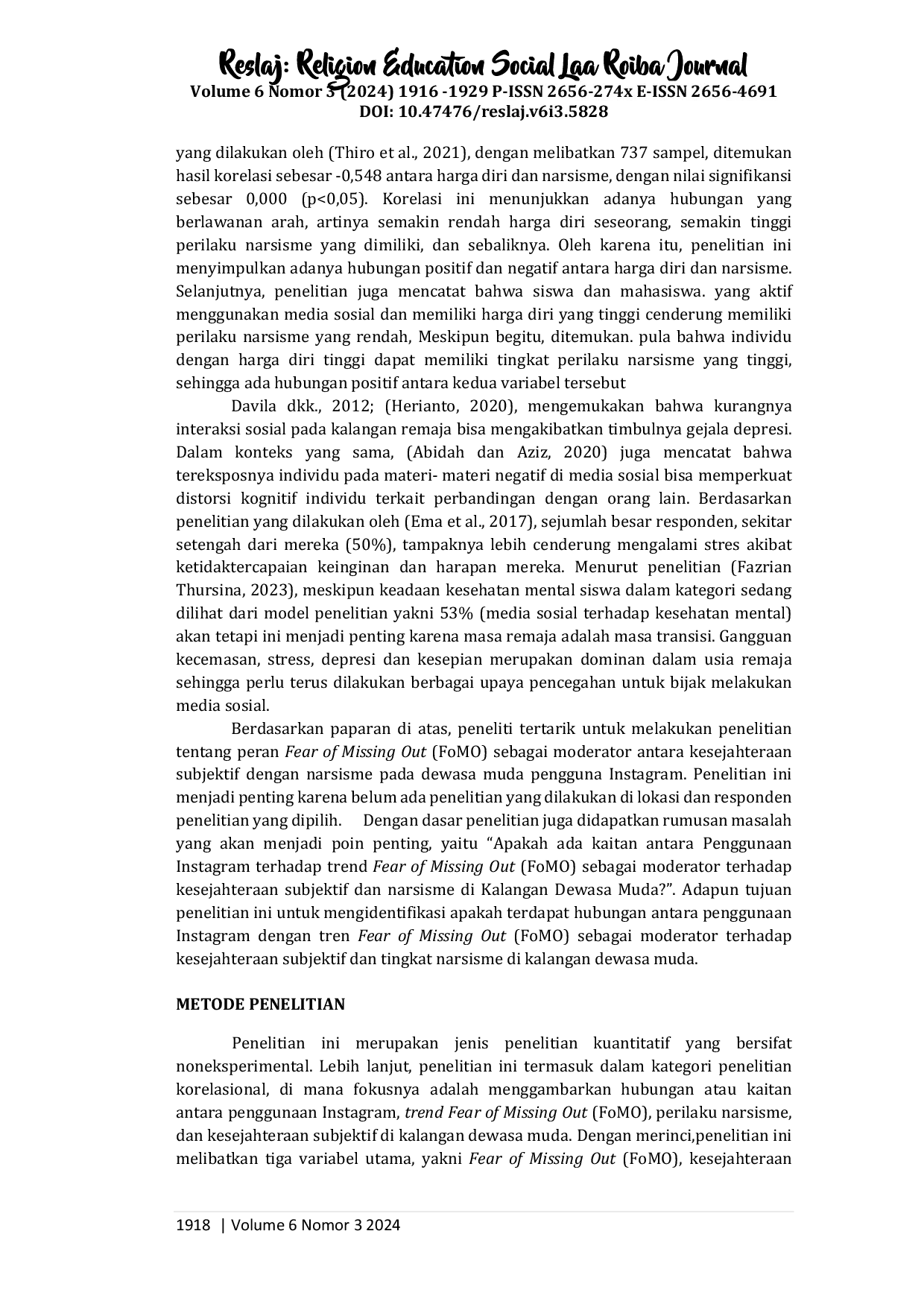 JURIS Peran Fear of Missing Out FoMO Sebagai Moderator Antara Kesejahteraan Subjektif dengan Narsisme pada Dewasa Muda Pengguna Instagram