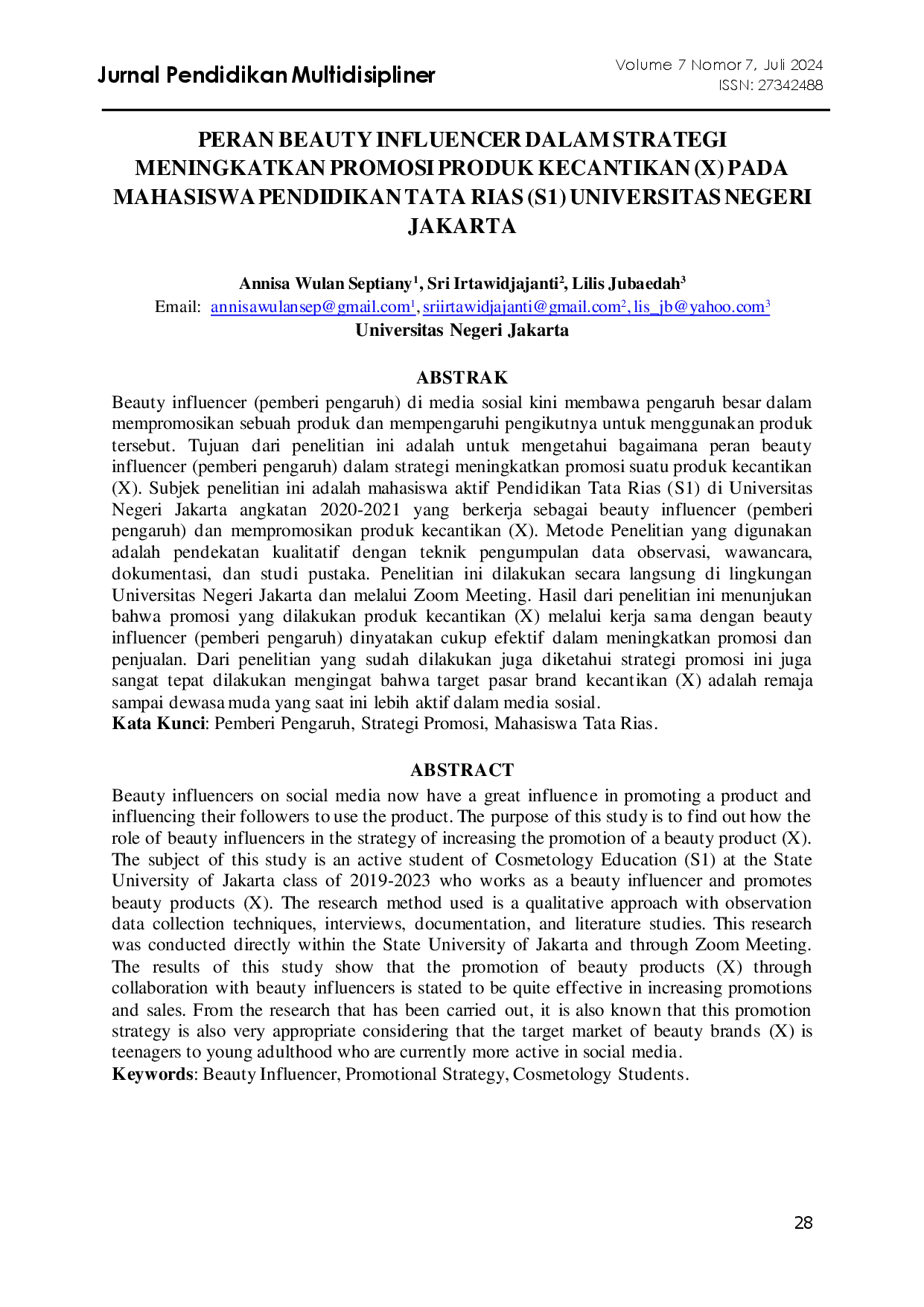 juris Peran Beauty Influencer dalam Strategi Meningkatkan Promosi Produk Kecantikan X pada Mahasiswa Pendidikan Tata Rias S1 Universitas Negeri Jakarta