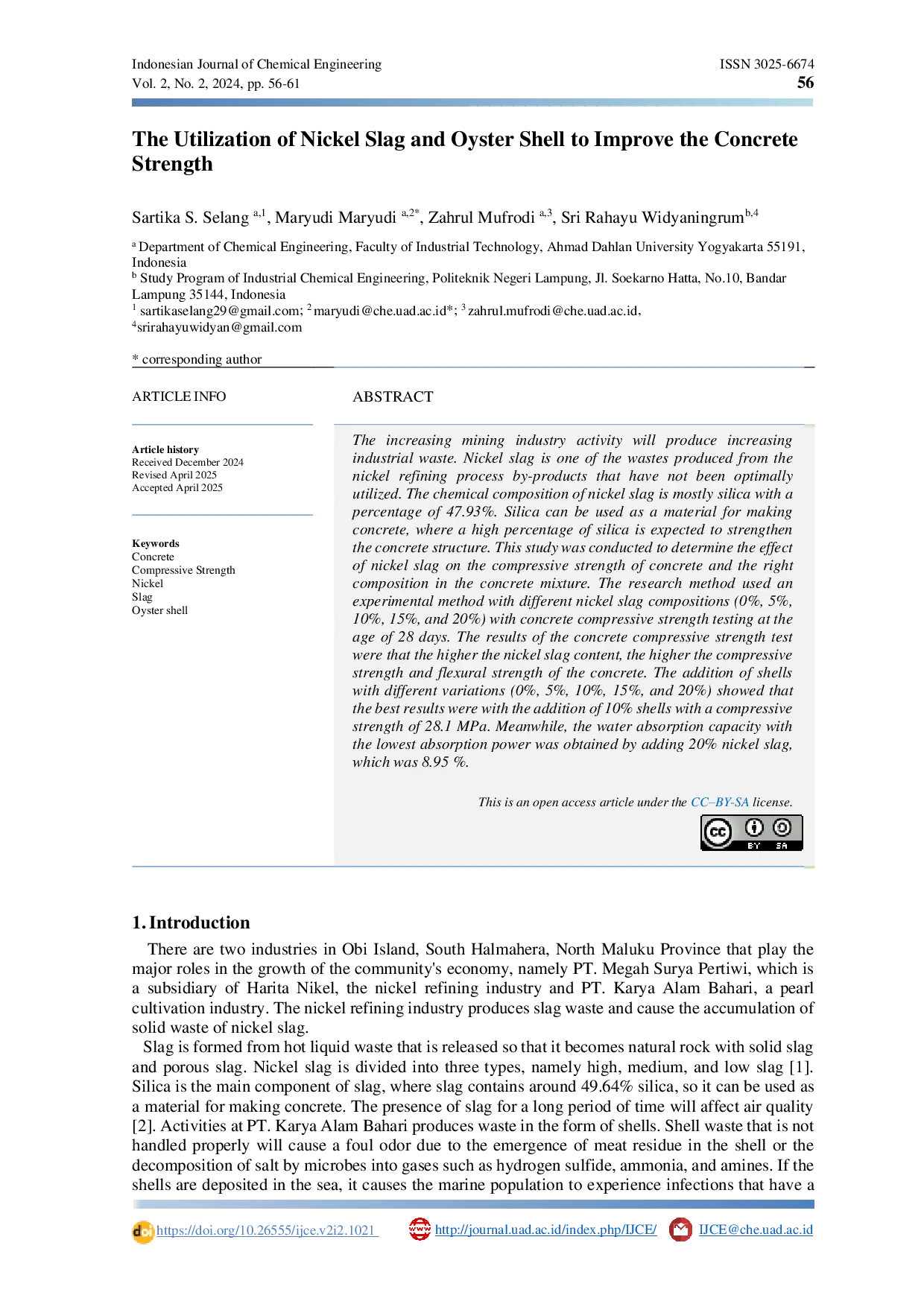 JURIS The Utilization of Nickel Slag and Oyster Shell to Improve the Concrete Strength