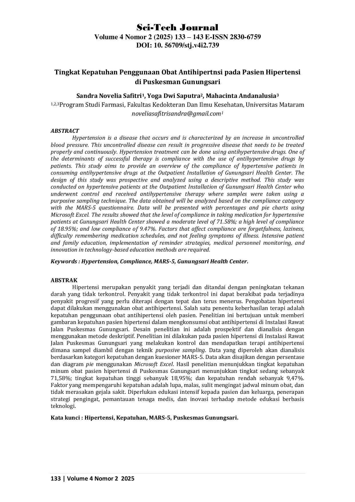 JURIS Tingkat Kepatuhan Penggunaan Obat Antihipertnsi pada Pasien Hipertensi di Puskesman Gunungsari