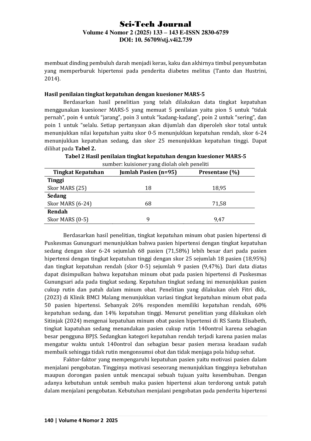 JURIS Tingkat Kepatuhan Penggunaan Obat Antihipertnsi pada Pasien Hipertensi di Puskesman Gunungsari