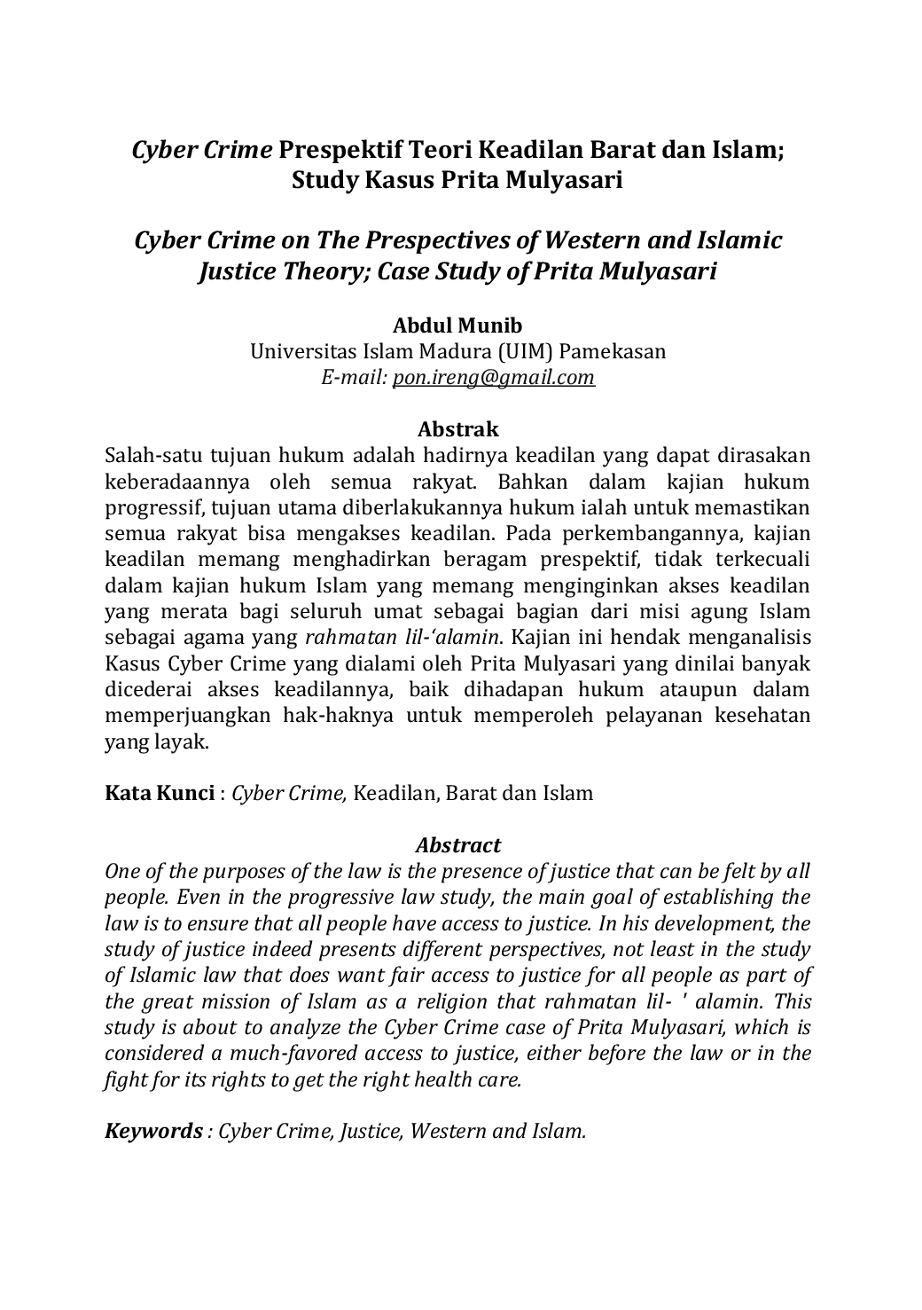 JURIS Cyber Crime Prespektif Teori Keadilan Barat dan Islam Study Kasus Prita Mulyasari