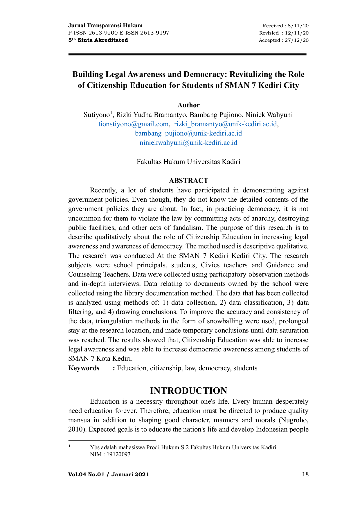JURIS Building Legal Awareness and Democracy Revitalizing the Role of Citizenship Education for Students of SMAN 7 Kediri City