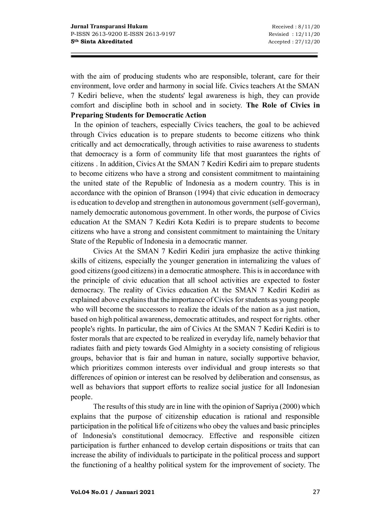 JURIS Building Legal Awareness and Democracy Revitalizing the Role of Citizenship Education for Students of SMAN 7 Kediri City