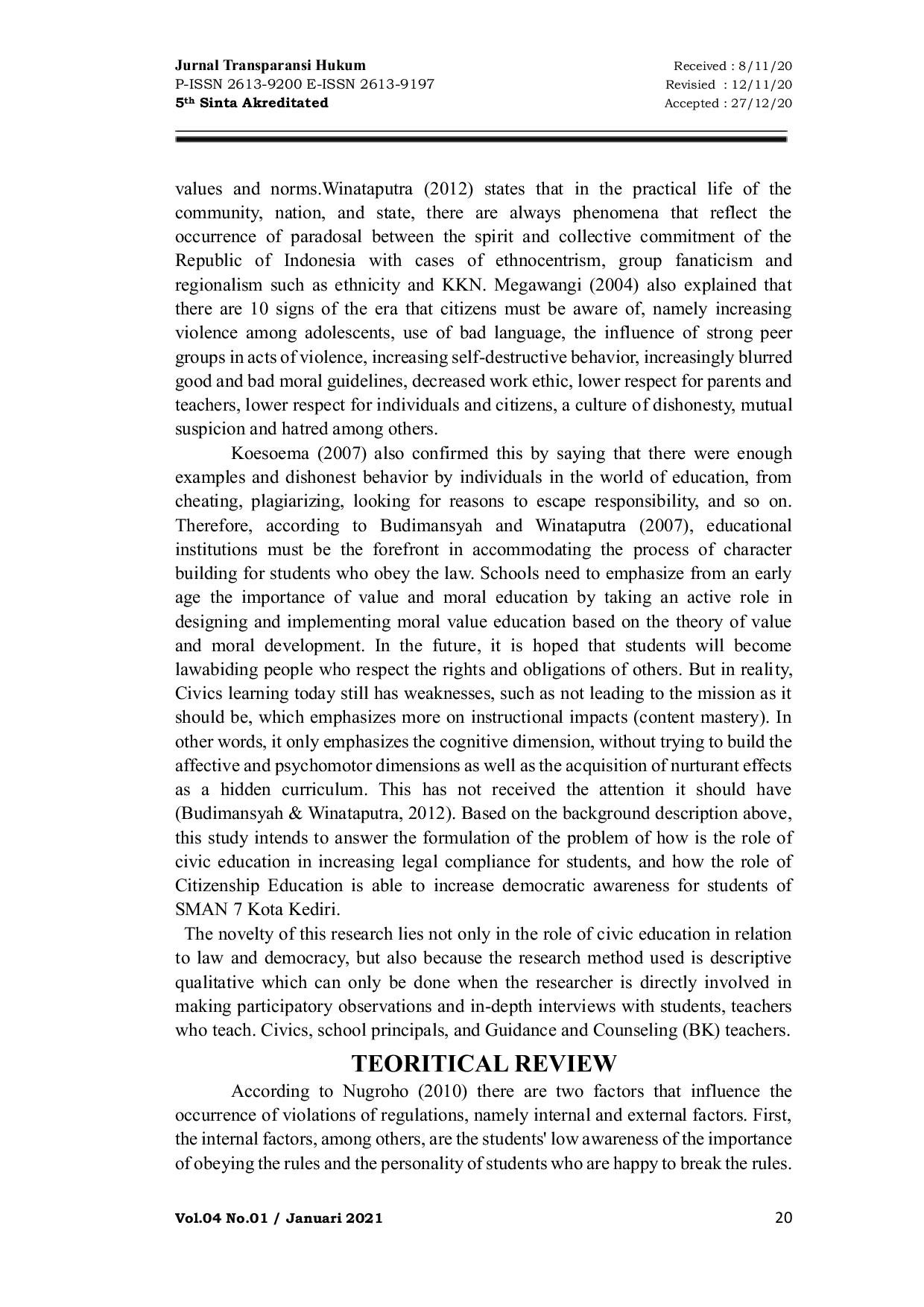 JURIS Building Legal Awareness and Democracy Revitalizing the Role of Citizenship Education for Students of SMAN 7 Kediri City