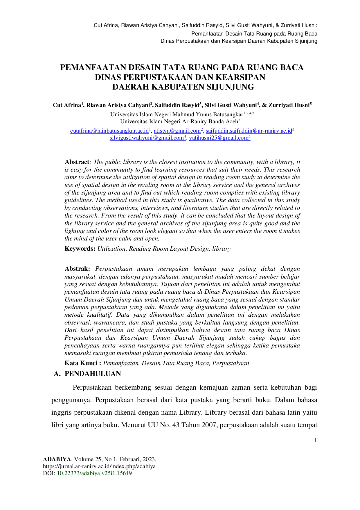 JURIS Pemanfaatan Desain Tata Ruang pada Ruang Baca Dinas Perpustakaan dan Kearsipan Daerah Kabupaten Sijunjung