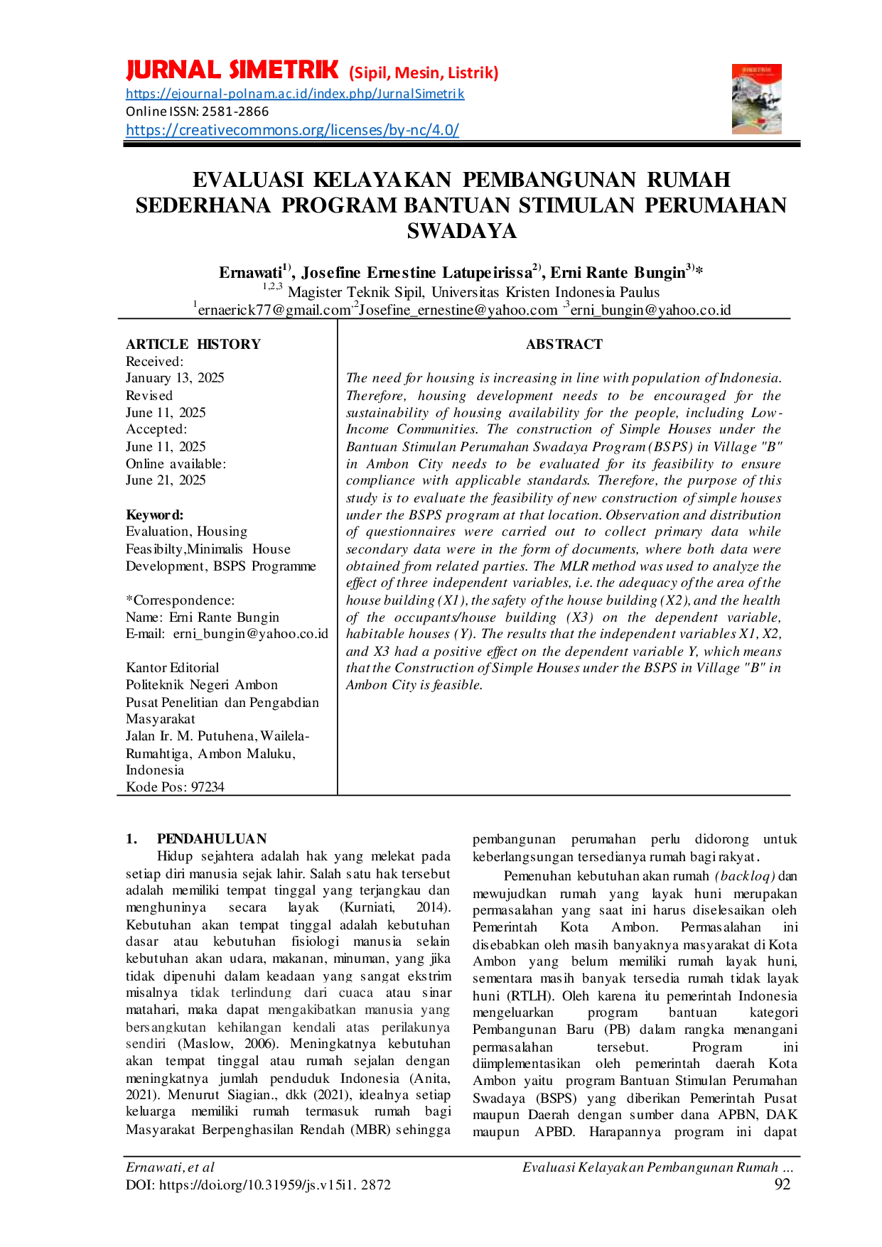 JURIS Evaluasi Kelayakan Pembangunan Rumah Sederhana Program Bantuan Stimulan Perumahan Swadaya
