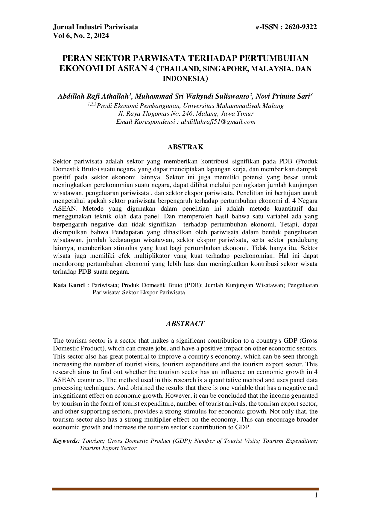 juris Peran Sektor Pariwisata Terhadap Pertumbuhan Ekonomi Di Asean 4 Thailand Singapore Malaysia Dan Indonesia